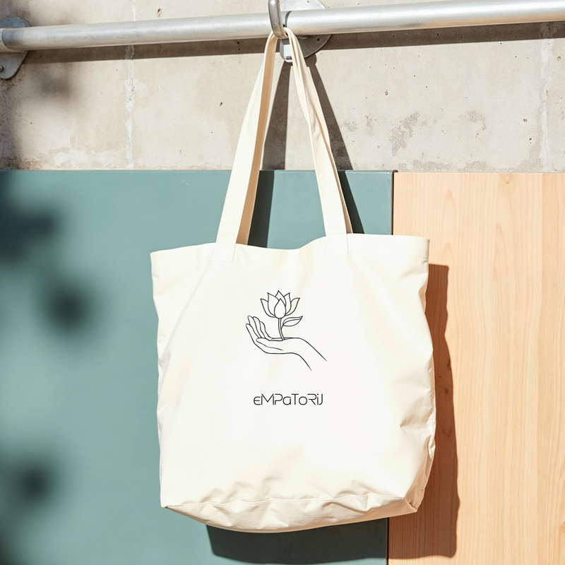 White tote bag hanging on a metal rail with a minimalist graphic of a hand holding a blooming flower and the word 'EMPaTOLiJ' printed below the graphic.