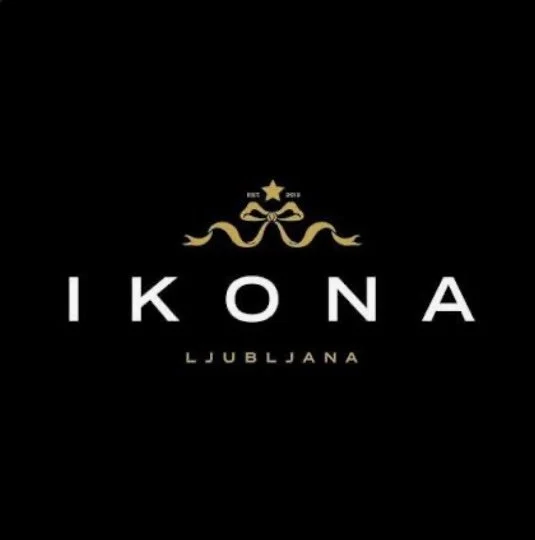 Logo with gold ribbon, star, and text 'IKONA LJUBLJANA' on a black background.