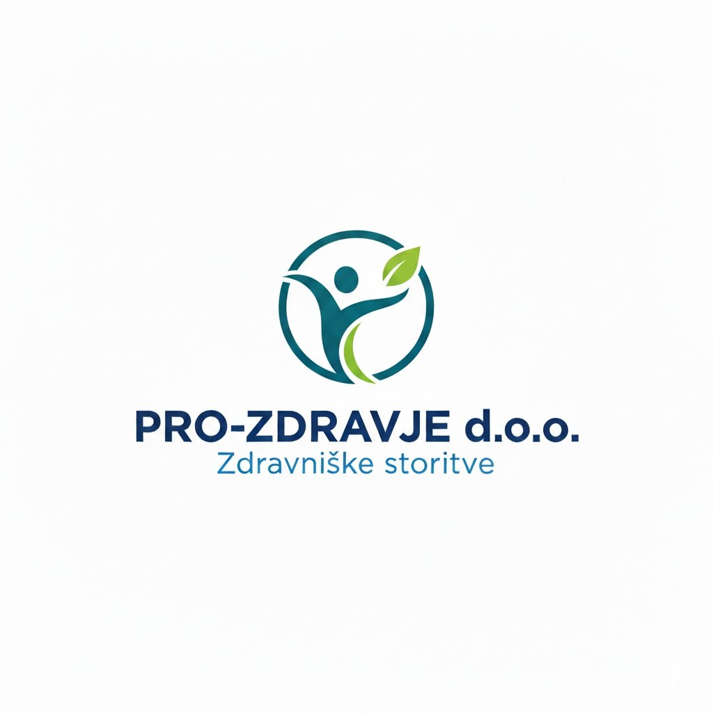 Logo for PRO-ZDRAVJE d.o.o. featuring a stylized human figure holding a leaf, with text in Slovenian that reads 'PRO-ZDRAVJE d.o.o. Zdravniške storitve'.