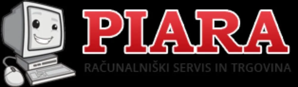 Logo for Piara computer store featuring a cartoon computer with a smiling face and a mouse, with the store name in large red letters and a subtitle in Slovenian.