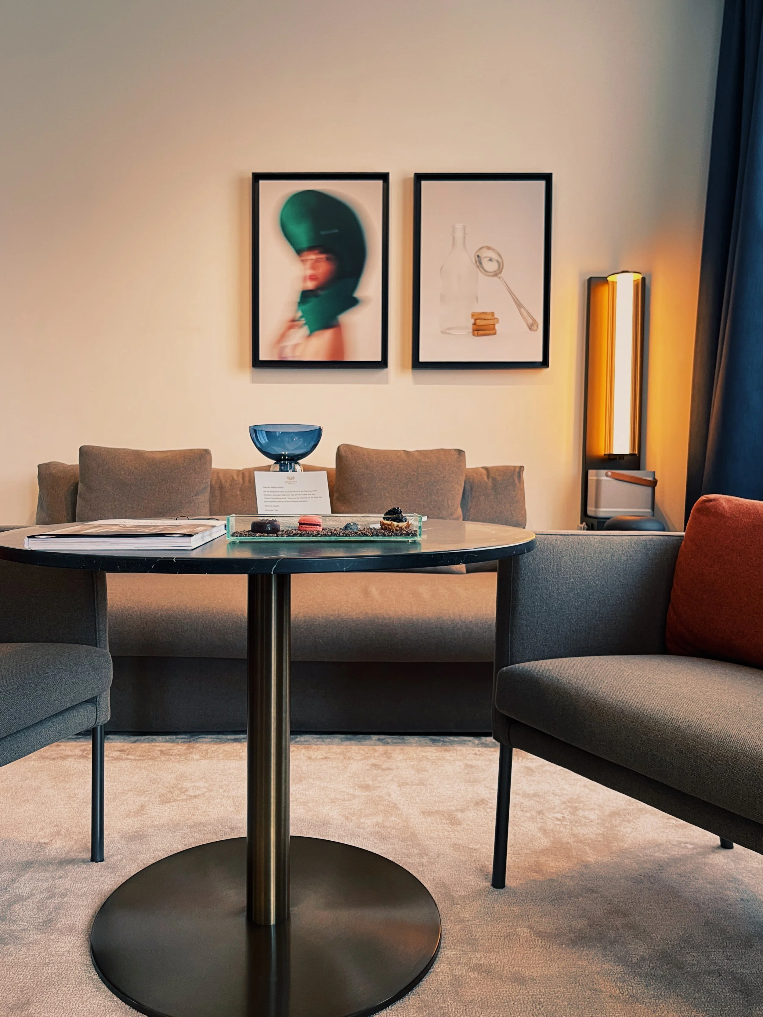 Seating and dining corner inside a luxury suite at Dorothea Hotel Budapest photographed by Natalia Moreno.