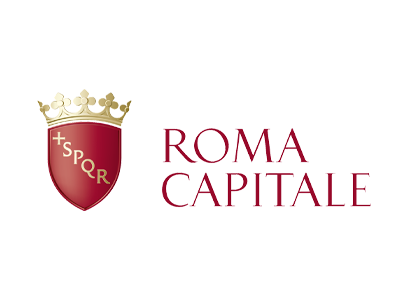 Logo con scudo rosso, corona dorata e testo 'ROMA CAPITALE'