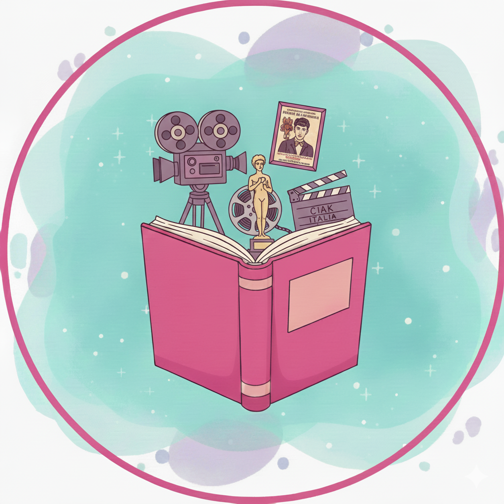 Illustrazione di un libro aperto rosa con oggetti correlati al cinema e alla produzione cinematografica che emergono da esso, tra cui una telecamera, una statuetta, una bobina cinematografica, una sceneggiatura e un poster.