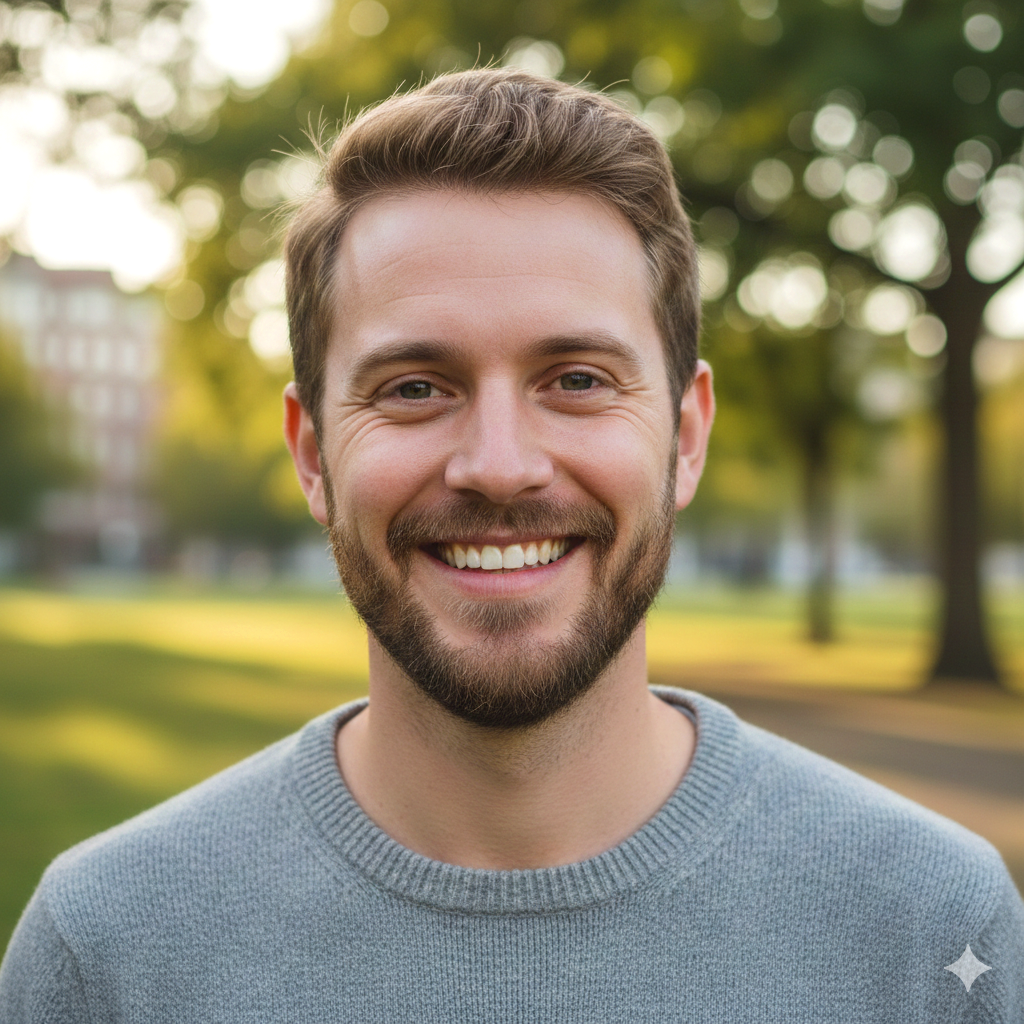 Ragazzo sorridente in un parco, con alberi e luce naturale sullo sfondo.