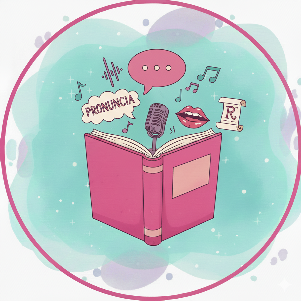 Illustrazione di un libro rosa con simboli di musica, un microfono, labbra, una pergamena con la lettera R, e bolle di dialogo e testo che rappresentano elementi legati alla pronuncia e alla comunicazione orale.