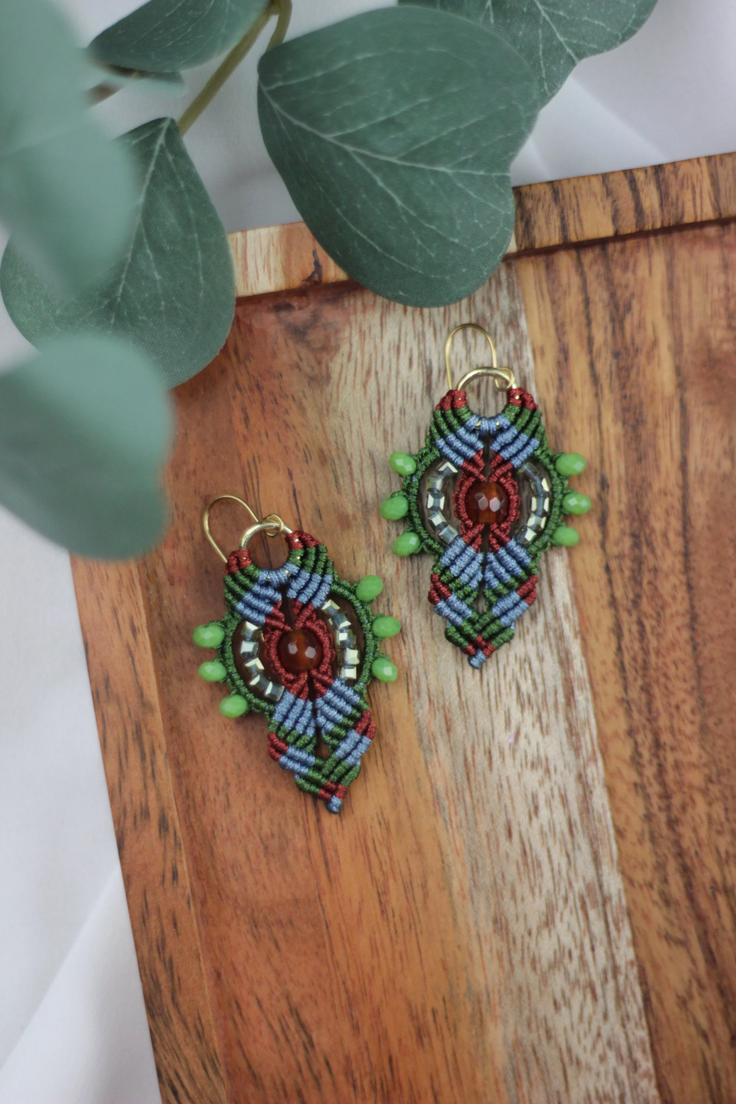 Rust, Green & Light Blue Ornamental Agate Earrings