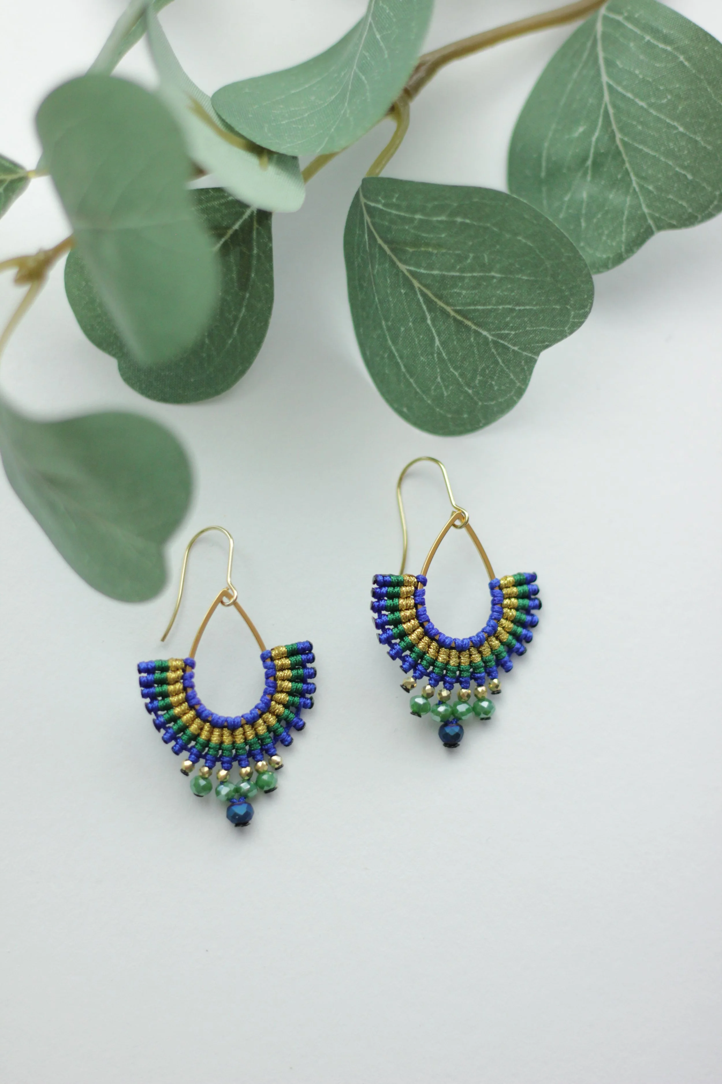 Blue, Green & Gold Teardrop Macrame Earrings