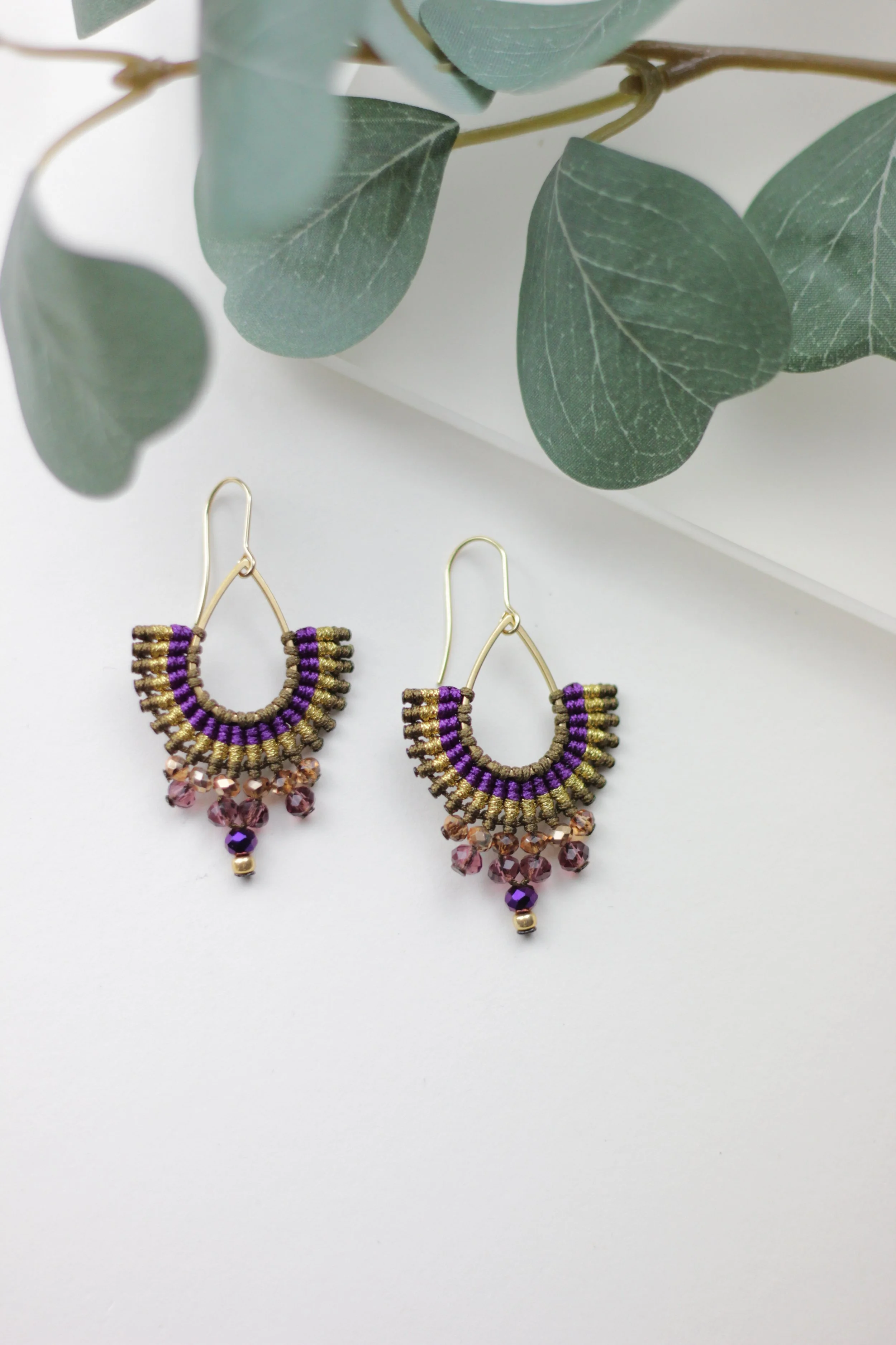 Purple & Khaki Teardrop Macrame Earrings