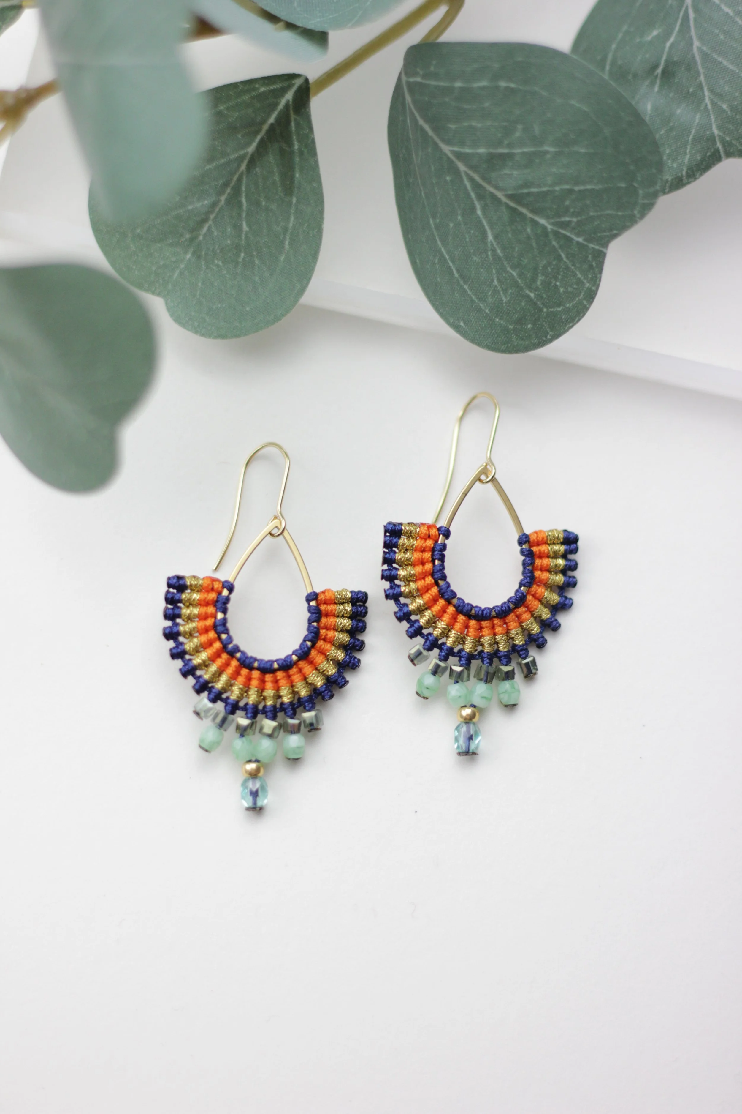 Navy & Orange Teardrop Macrame Earrings
