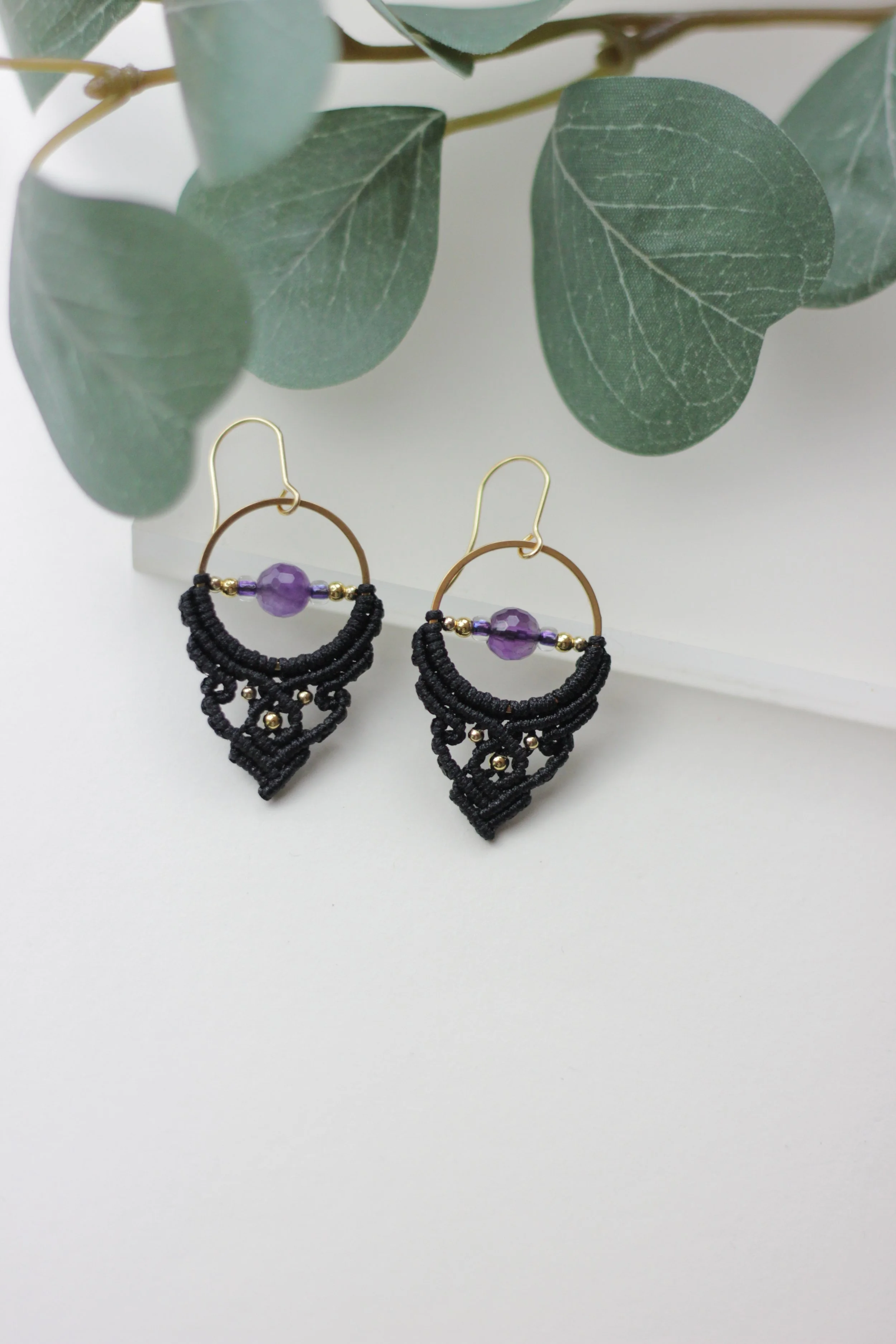 Black Amethyst Boho Macrame Earrings