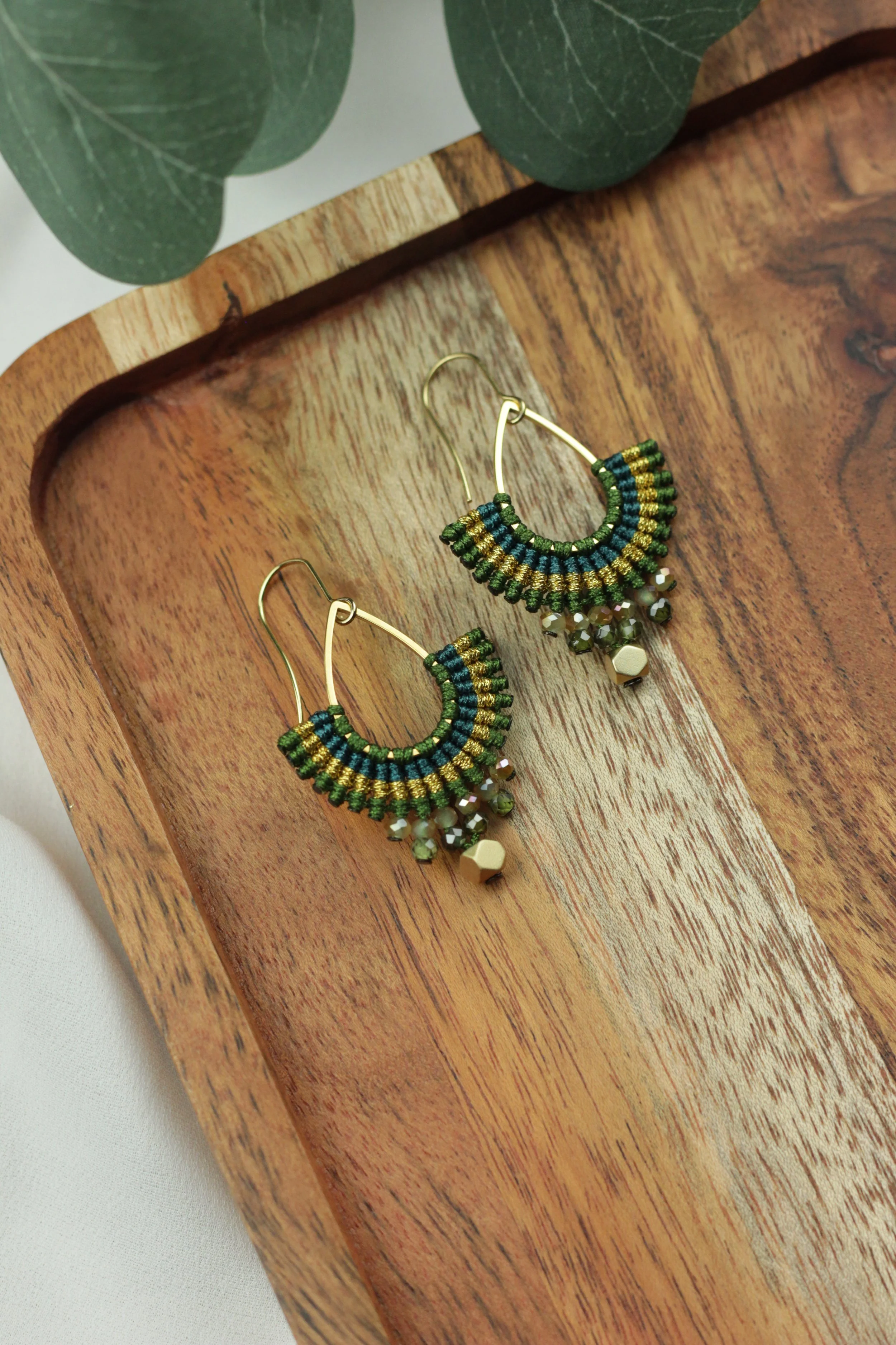 Green & Gold Teardrop Macrame Earrings