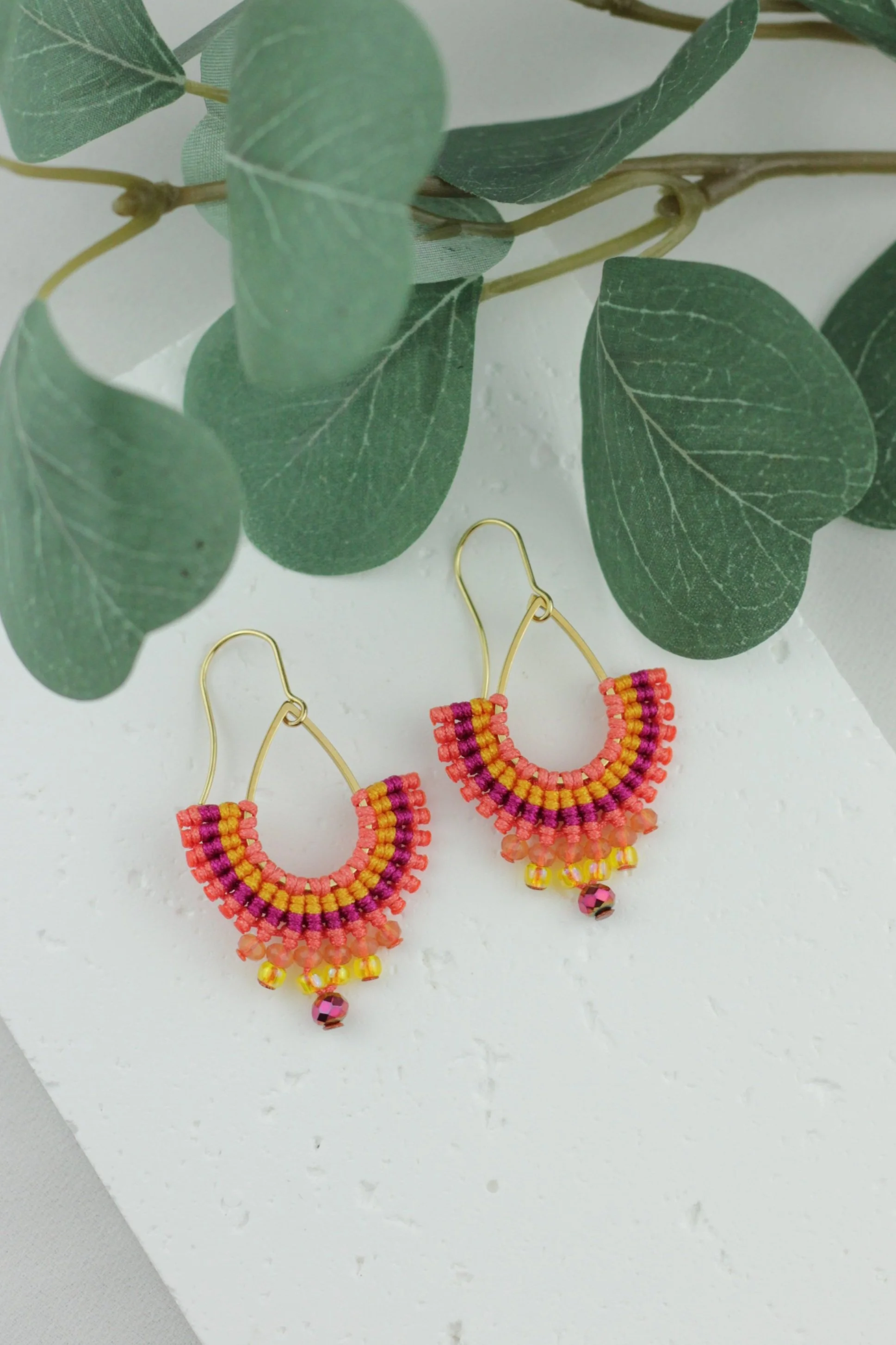 Coral & Yellow Teardrop Macrame Earrings