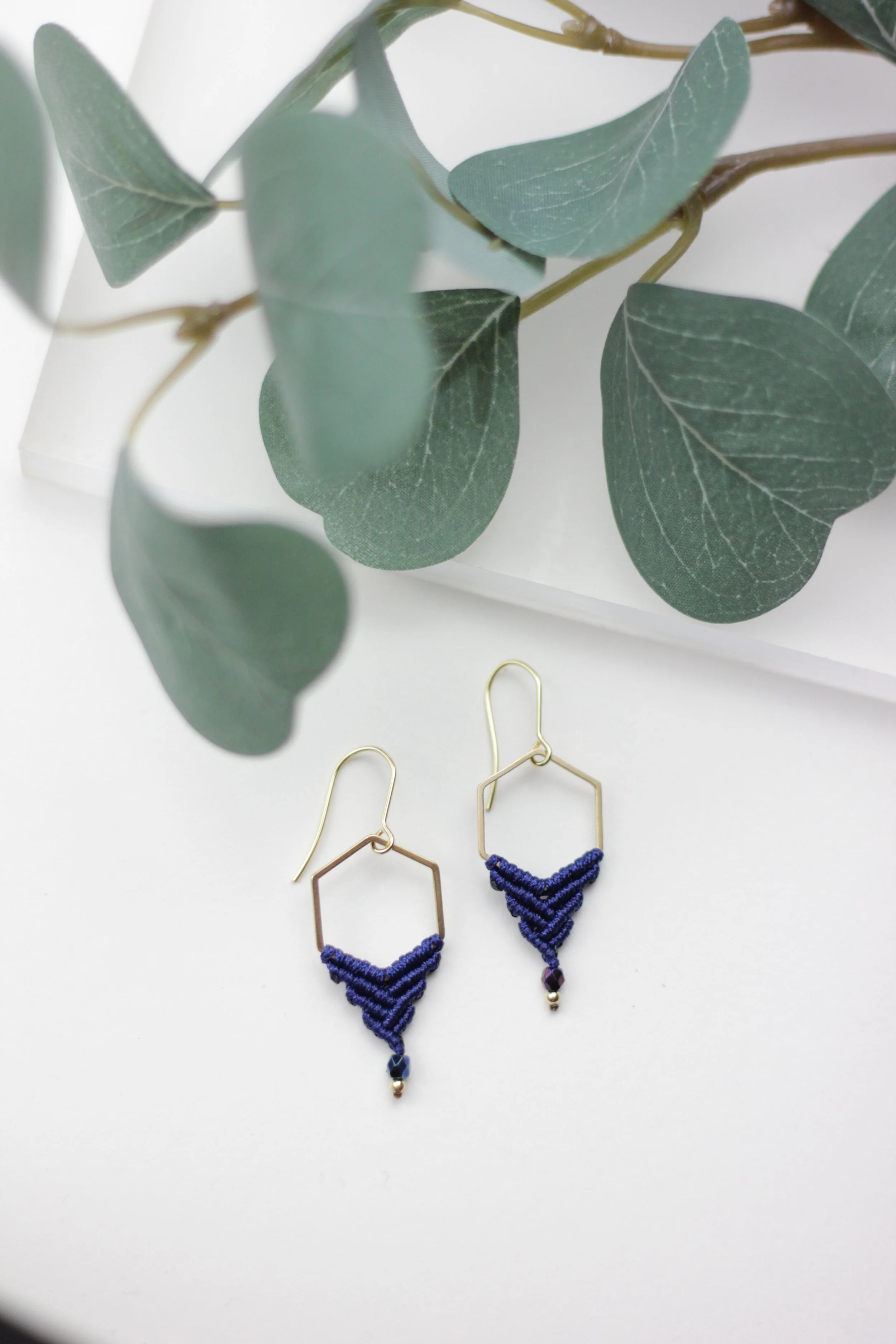 Navy Hexagon Macrame Earrings