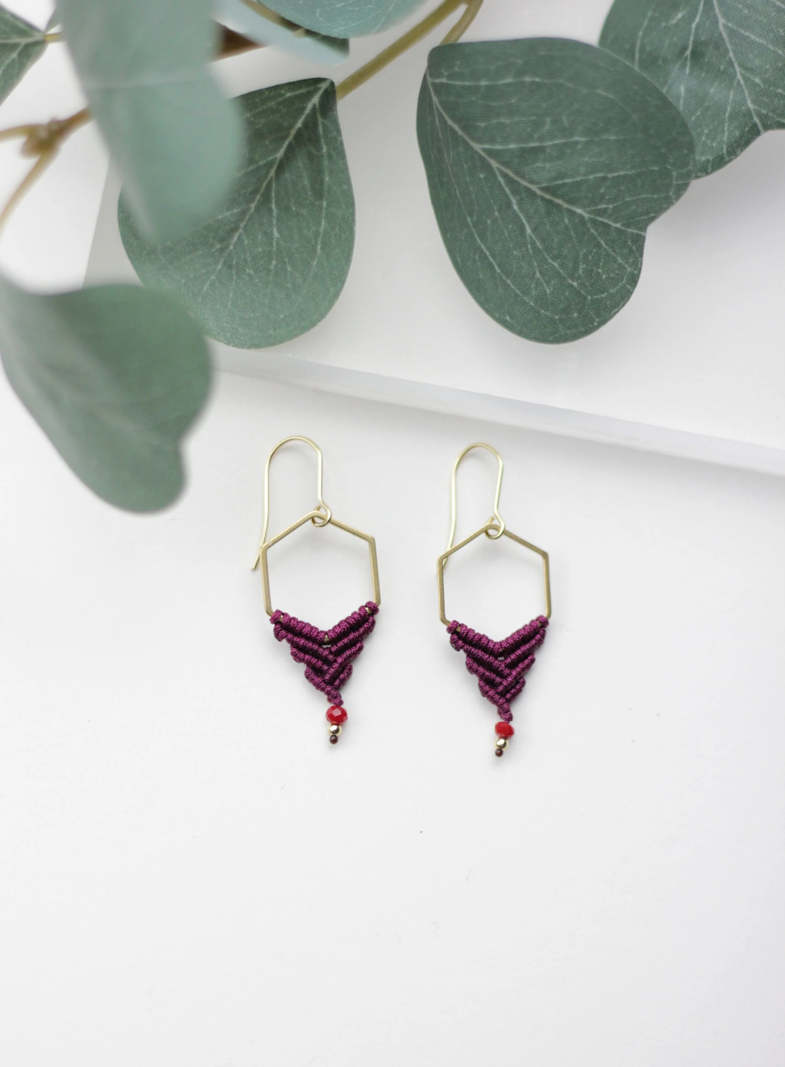 Dark Red Hexagon Macrame Earrings
