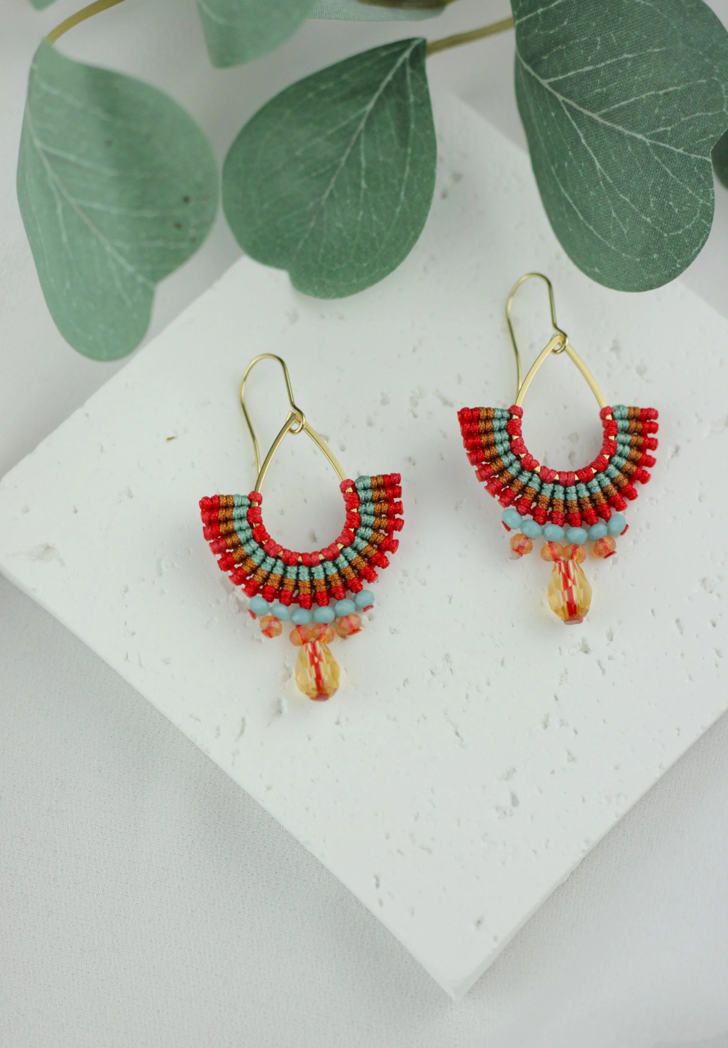 Red & Turqoise Teardrop Macrame Earrings
