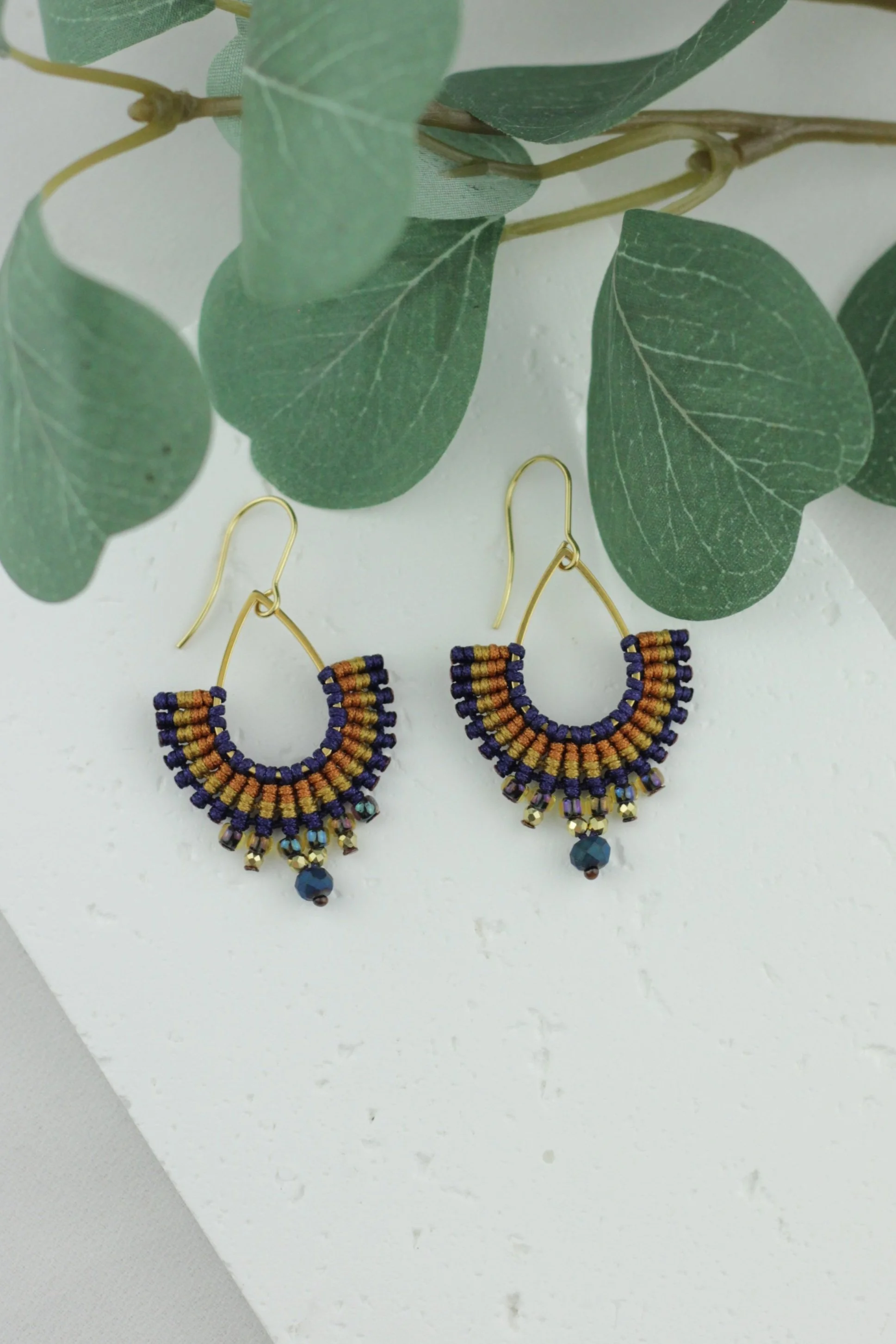 Navy & Mustard Teardrop Macrame Earrings