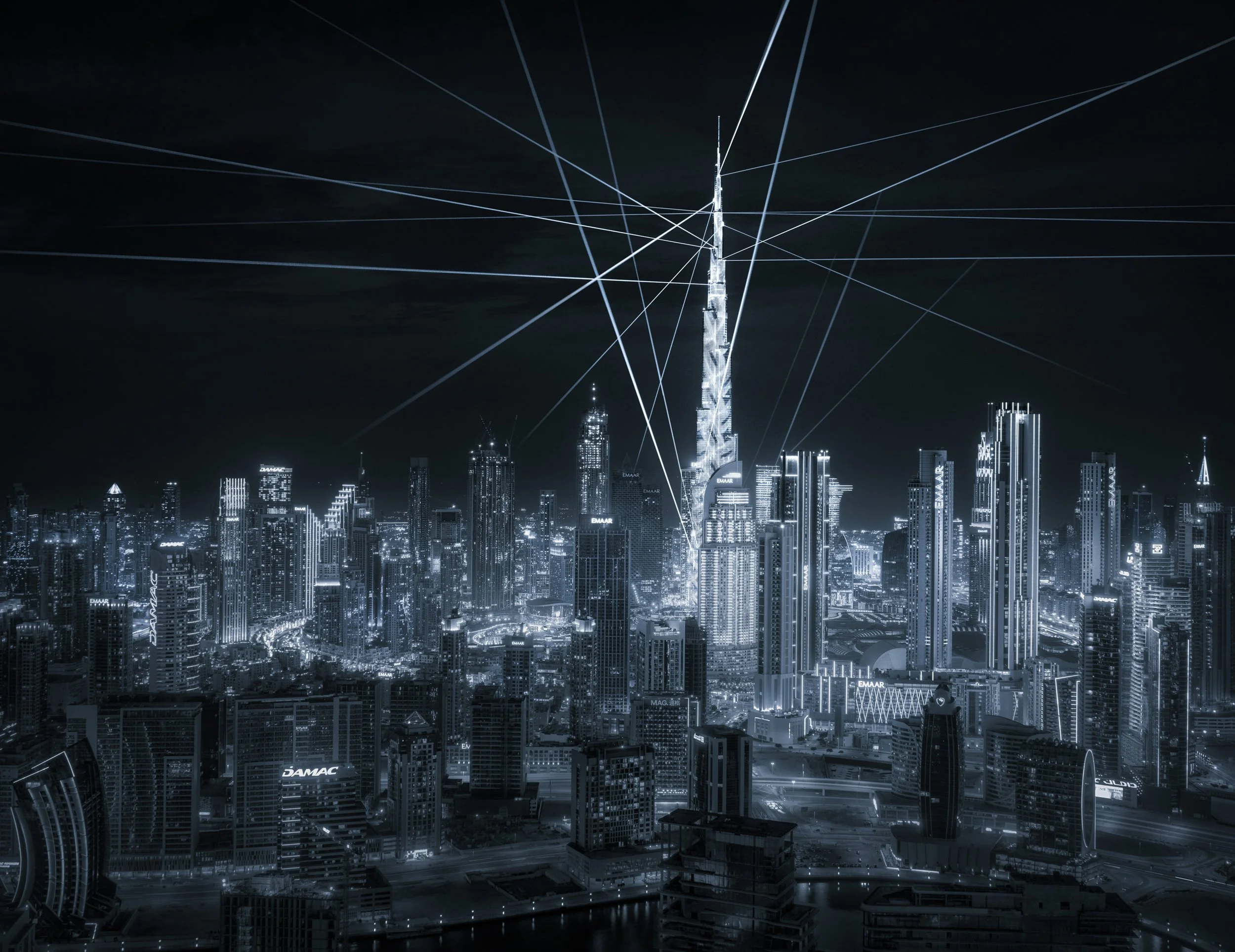 Burj Khalifa spectacular light show produced by Eca2, SOM architecture, Emaar Properties Downtown Dubai — fine art monochrome photograph by Ahmad Alnaji, SARAB Art Production