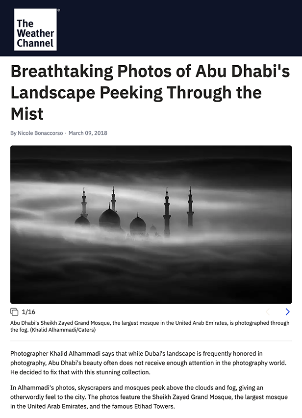 Sheikh Zayed Grand Mosque in Abu Dhabi shrouded in mist, photographed by Khalid Alhammadi.