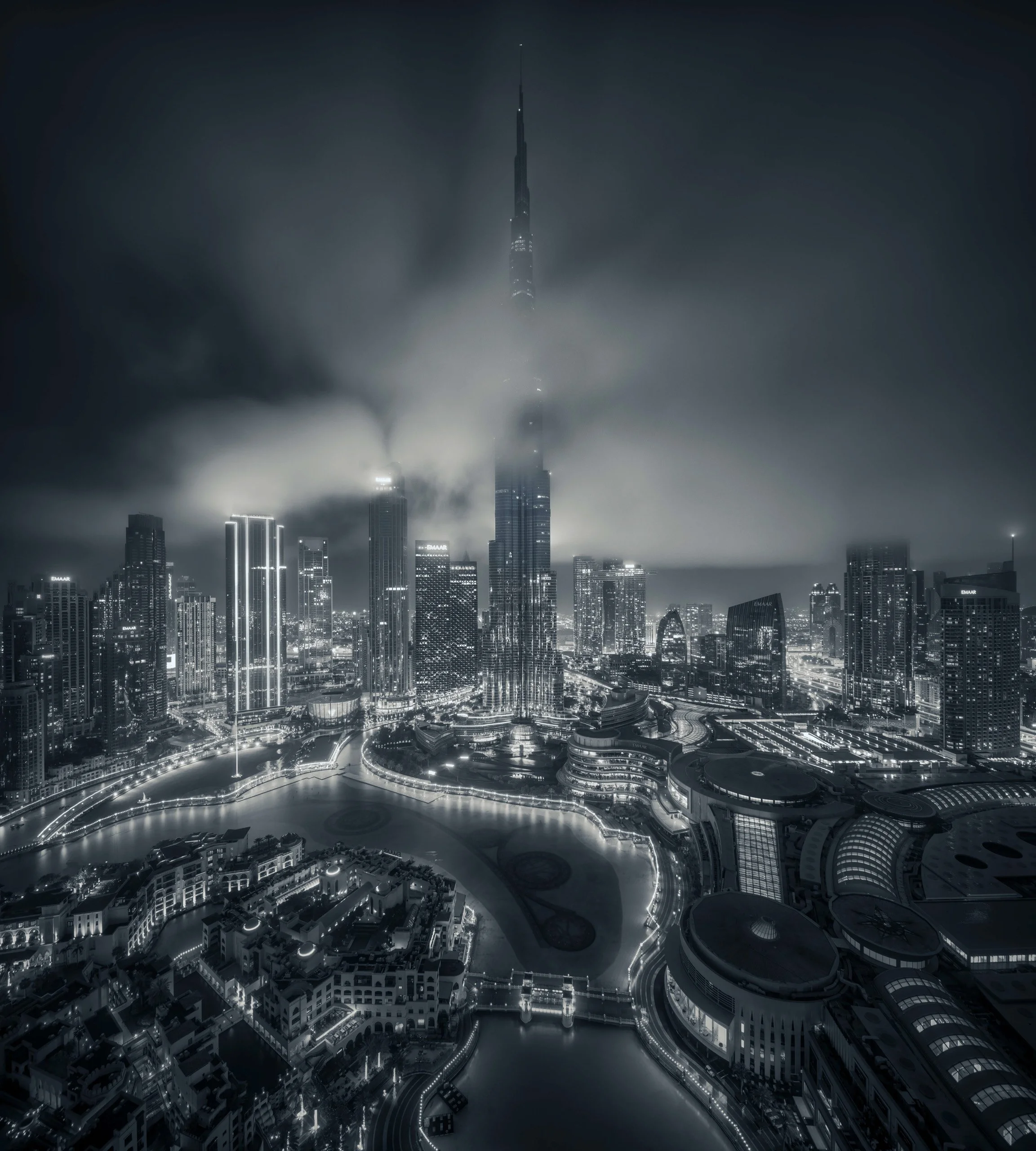 Burj Khalifa monochromatic fog study, world's tallest building rendered as cinema in SARAB signature look — fine art photograph by Ahmad Alnaji, SARAB Art Production