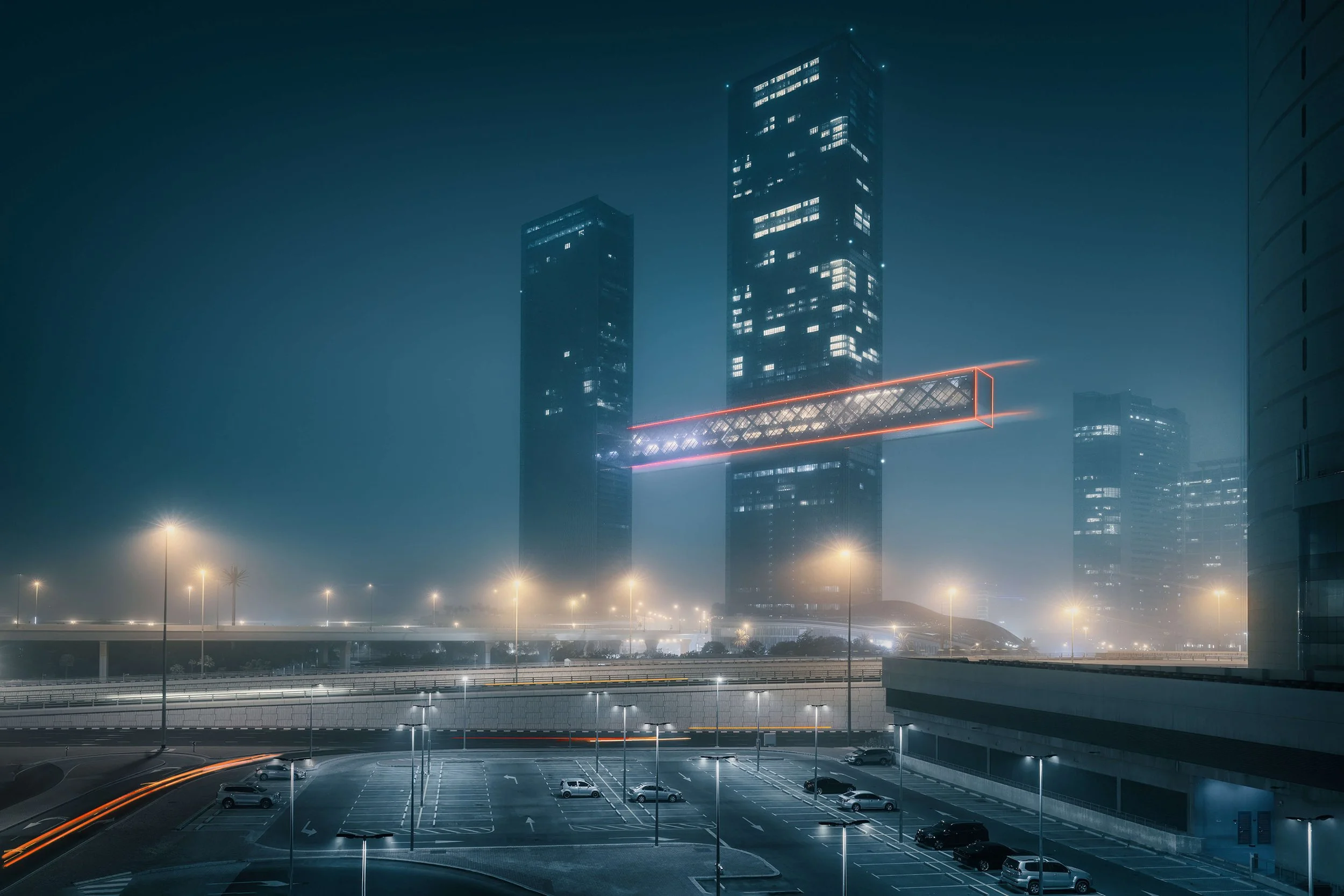 Nighttime cyberpunk-style photography of the cantilevered Link at One Za'abeel, glowing with neon red and blue lights. Captured by SARAB and Ahmad Alnaji to highlight Ithra Dubai’s structural engineering,