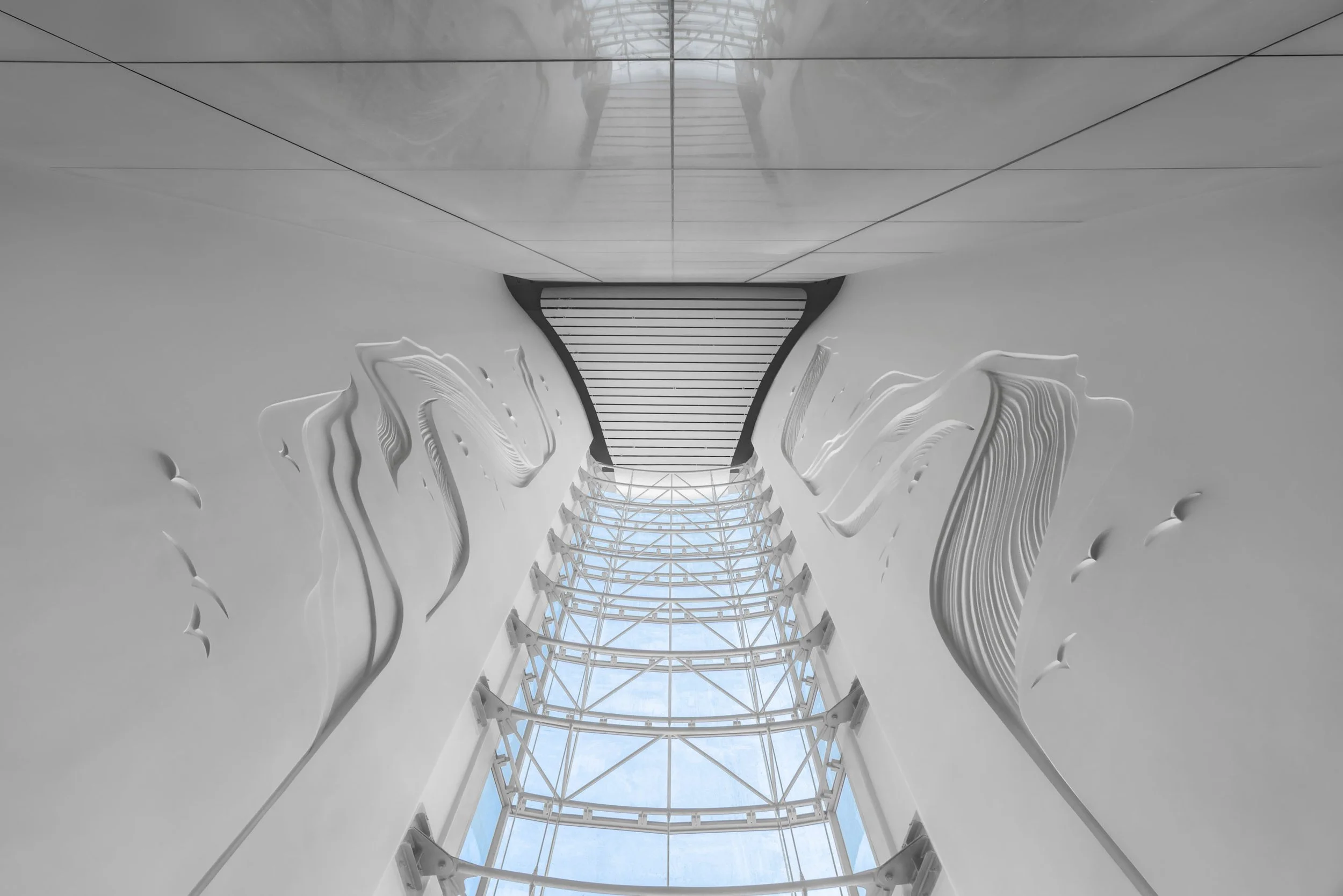 Looking up through Ciel's atrium to the glazed ceiling