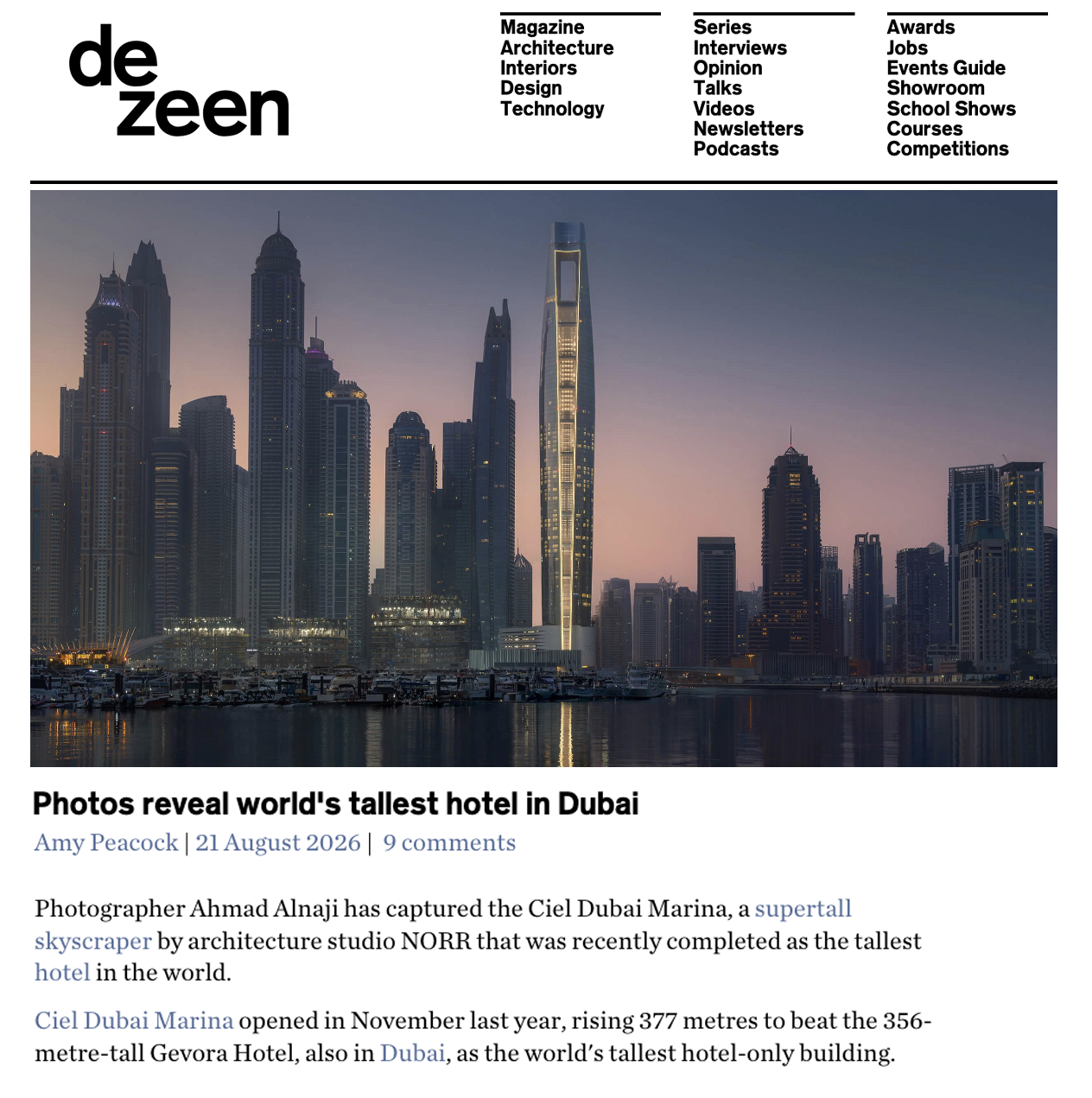 Dezeen published the Ciel Dubai Marina photographs