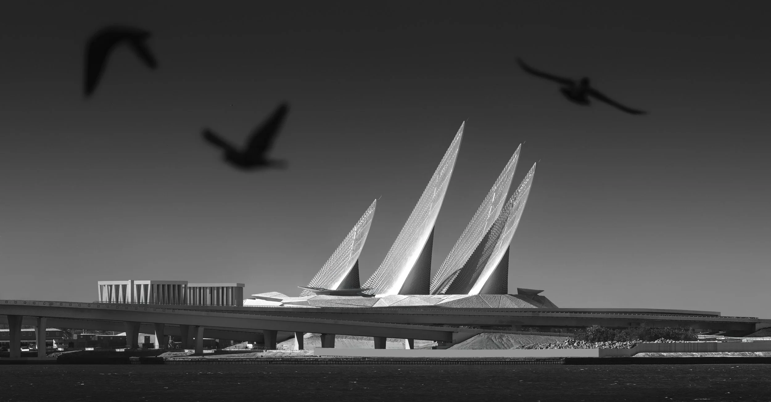 Black and White photo of Zayed National Museum by Foster + Partners. With birds flying around it in Abu Dhabi — fine art architectural photography by Ahmad Alnaji, SARAB Art Production