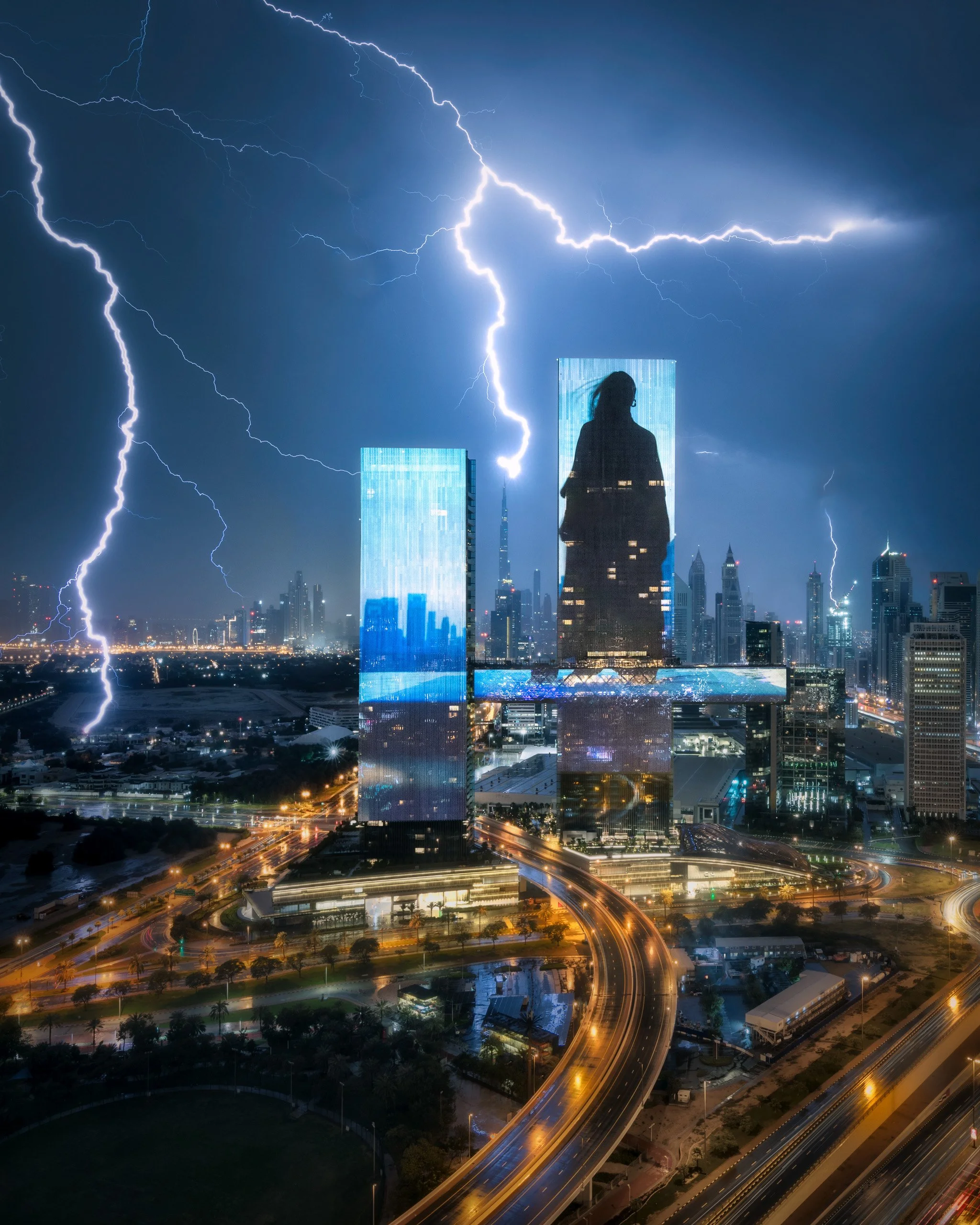 An architectural photograph of a lightning storm over One Za'abeel in Dubai with the opening show visible. Designed by Nikken Sekkei and developed by Ithra Dubai, this fine art cityscape was captured by Ahmad Alnaji, SARAB.