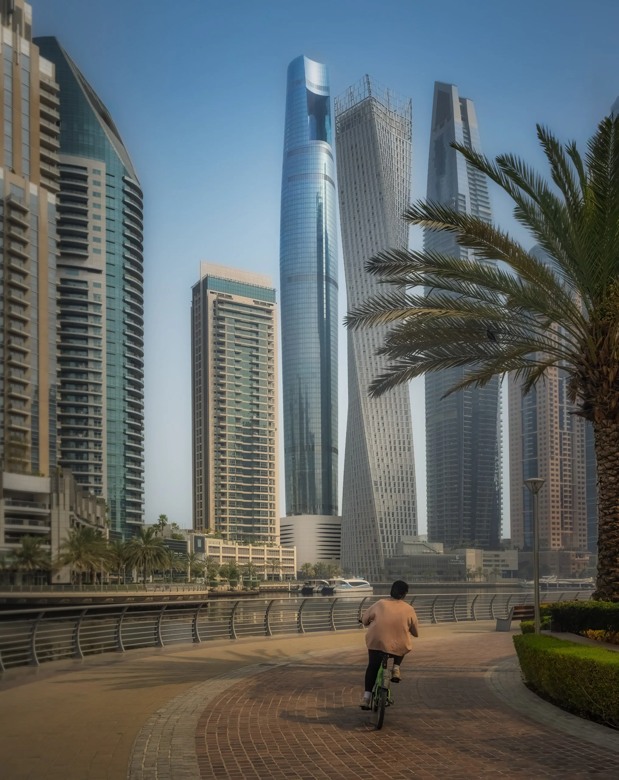 A cyclist on the marina promenade with Ciel Dubai Marina rising beyond the palms.