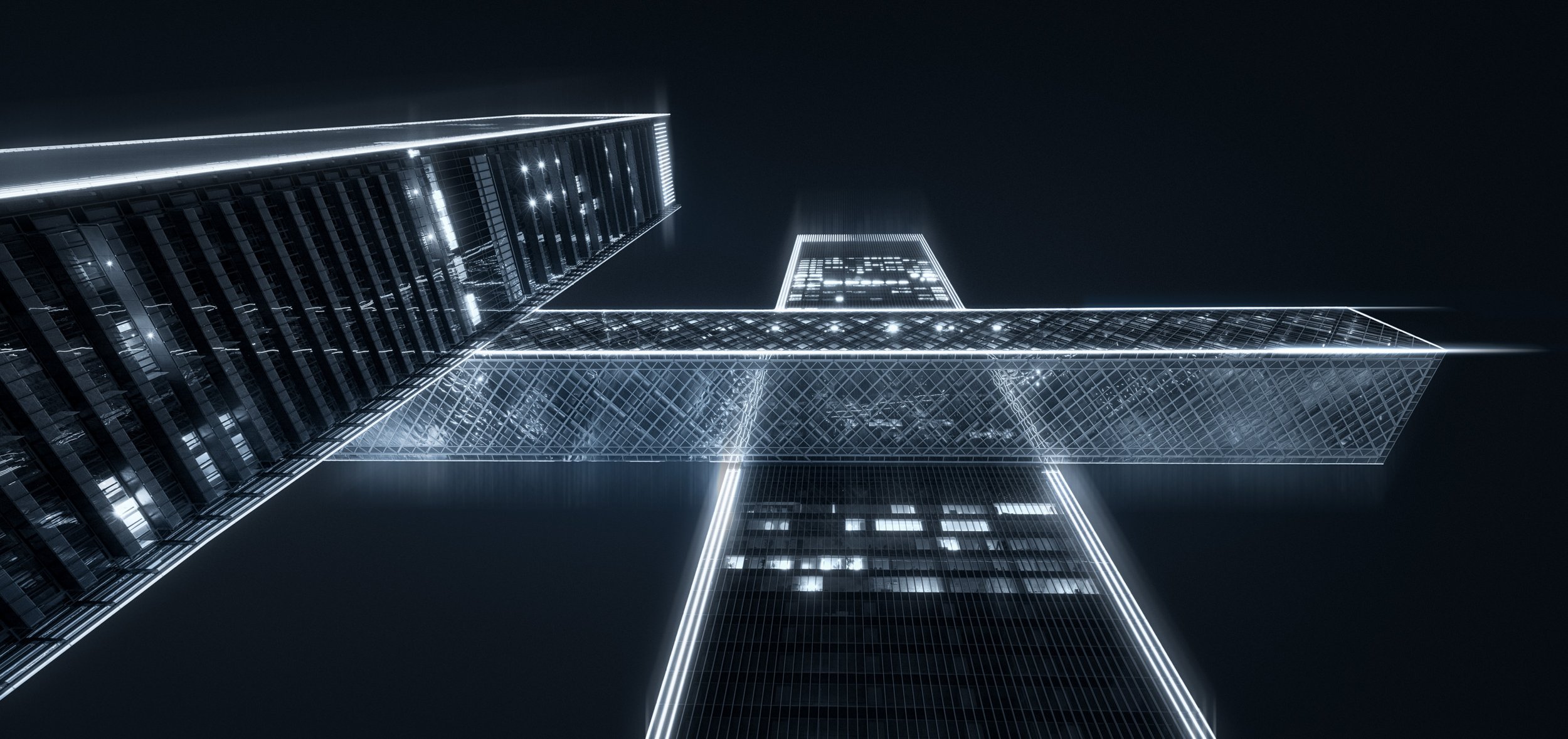 Monochromatic architectural photography looking up at the cantilevered Link of One Za'abeel. A minimalist study of Nikken Sekkei's structural design by SARAB, Ahmad Alnaji