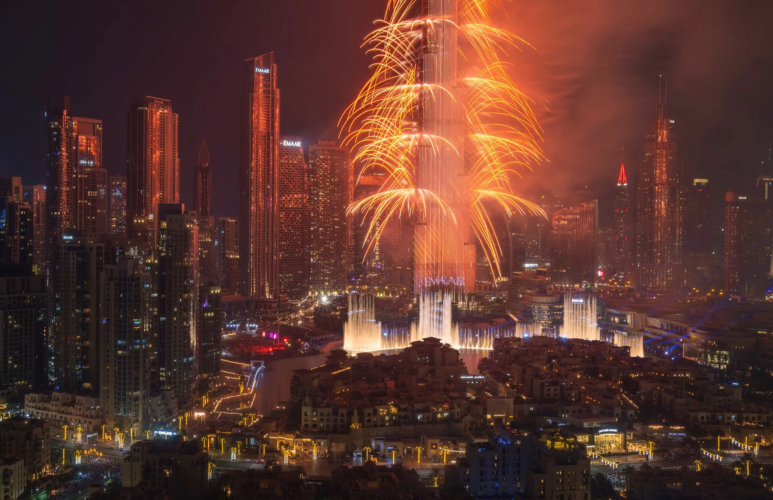 Burj Khalifa New Year's Eve light and fireworks show viewed from new angle and close up, Emaar Dubai — fine art photograph by Ahmad Alnaji, SARAB Art Production