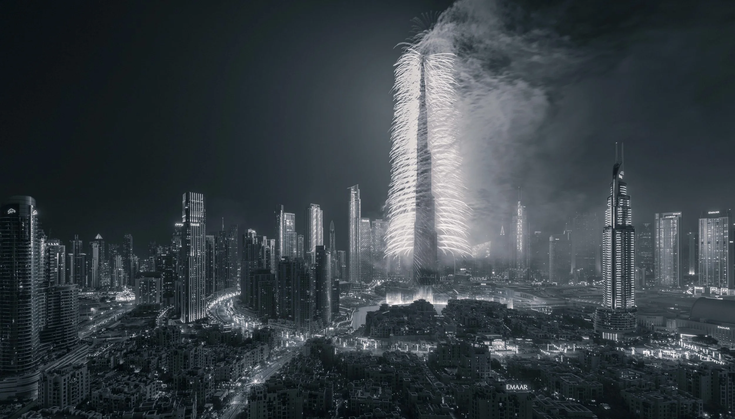 Burj Khalifa New Year's Eve fireworks with fine art edit and monochromatic look, Downtown Dubai viewpoint — fine art photograph by Ahmad Alnaji, SARAB Art Production