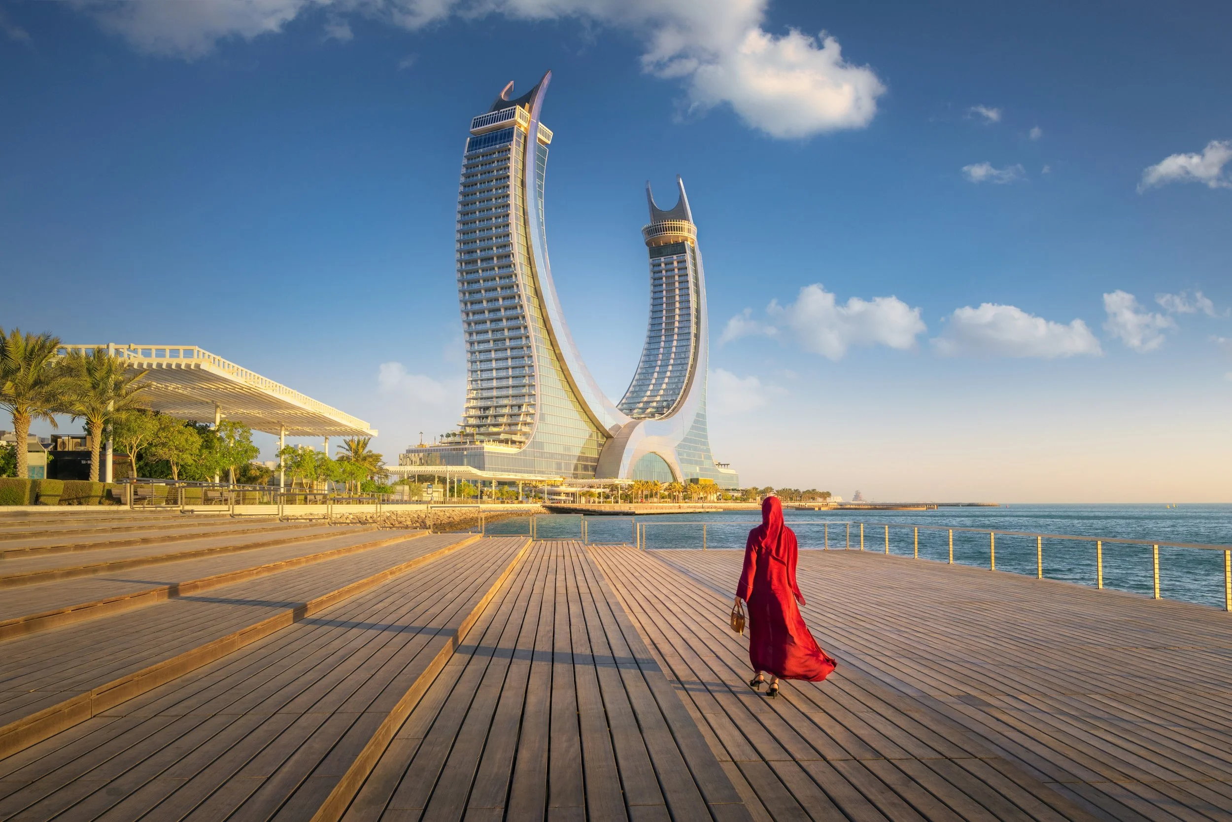 Doha at sunrise and Katra towers, developed by Katara Hospitality, seen from Lusail - Qatar Tourism Campaign - fine art architectural photograph by Ahmad Alnaji, SARAB Art Production