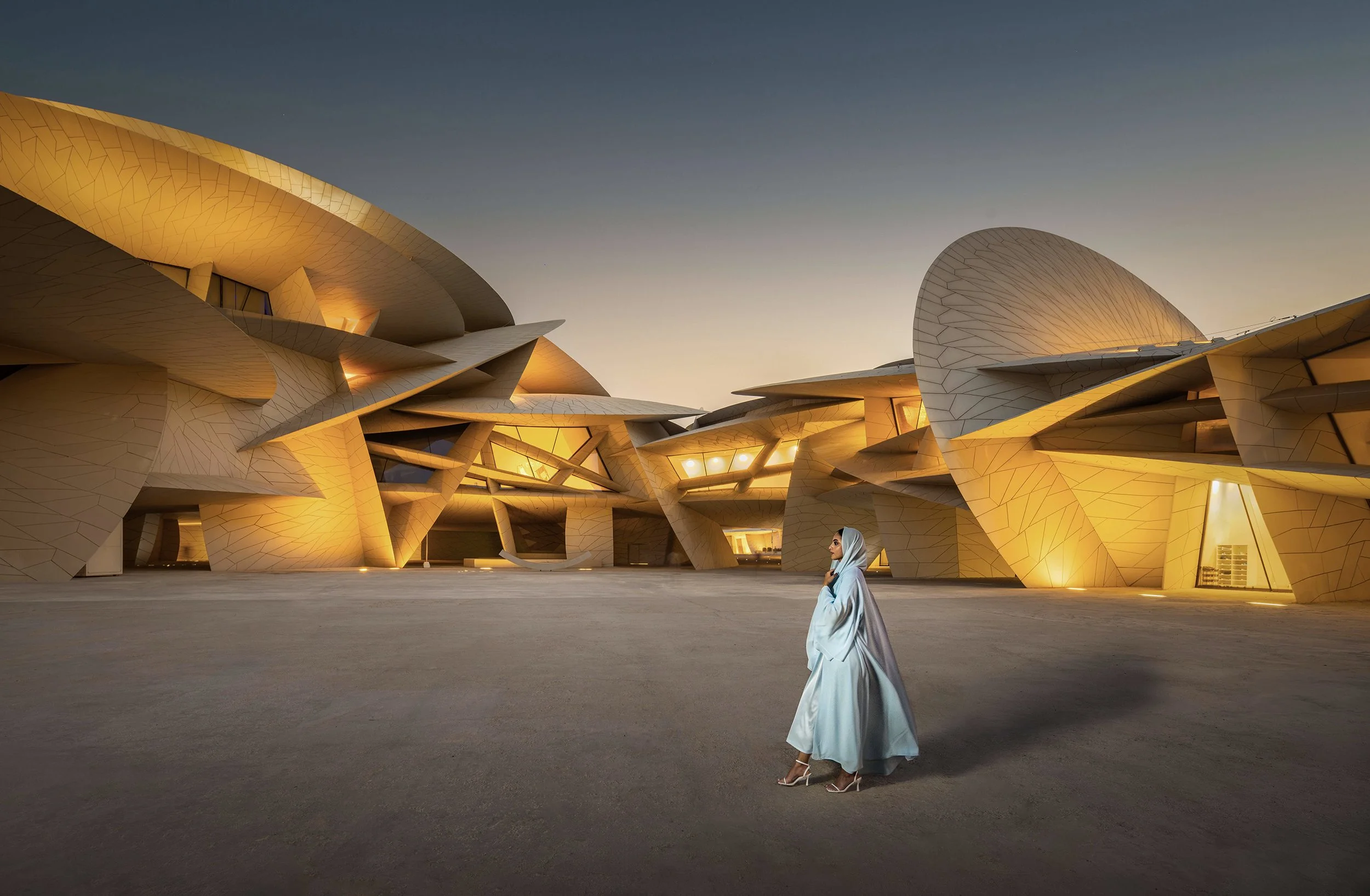 wide dusk view of the National Museum of Qatar (nmoq), designed by Jean Nouvel - fine art photography by SARAB, Ahmad Alnaji