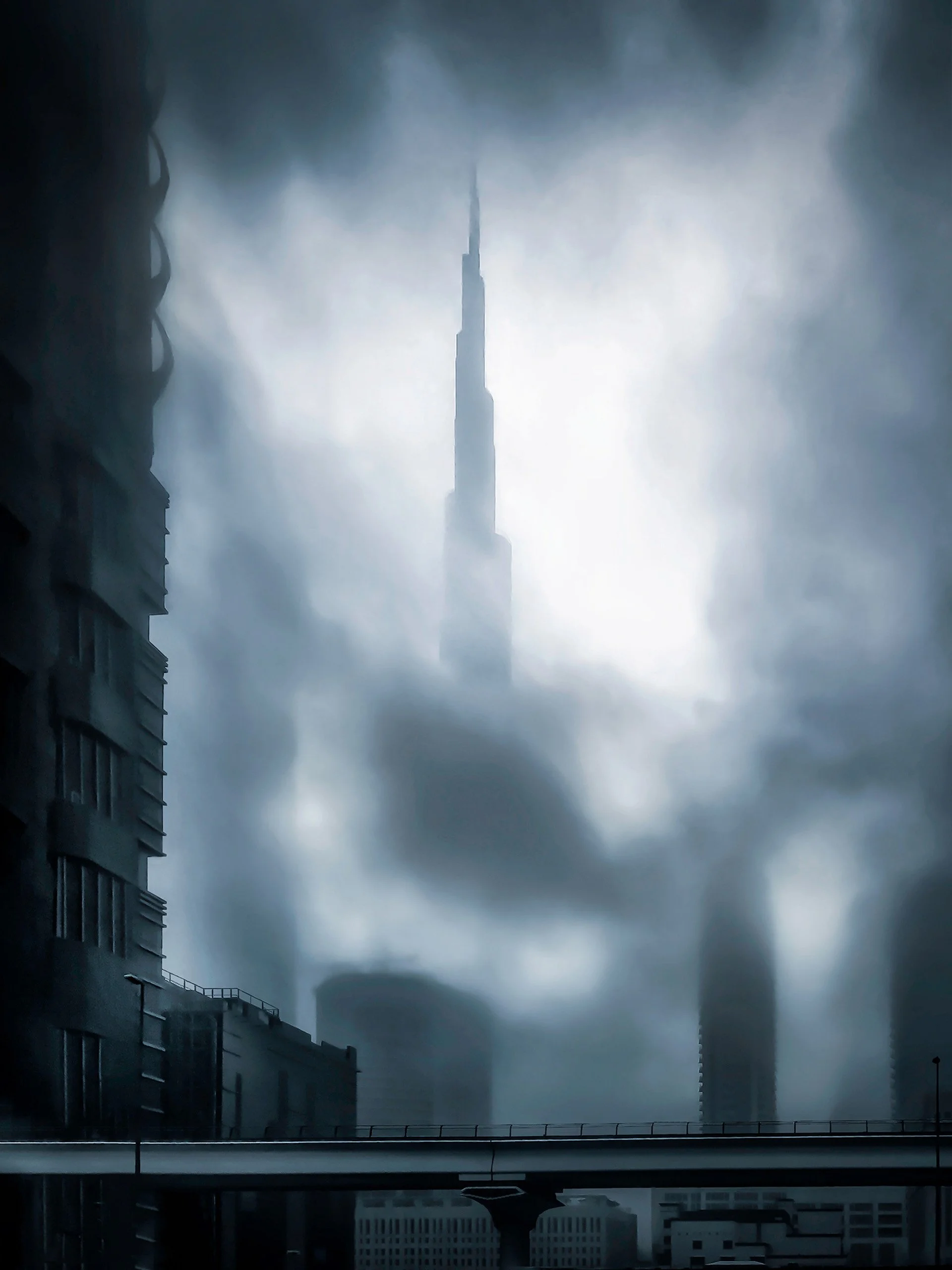 Burj Khalifa monochromatic fine art cityscape with Dubai skyline in SARAB signature single-tone treatment — fine art architectural photograph by Ahmad Alnaji, SARAB Art Production