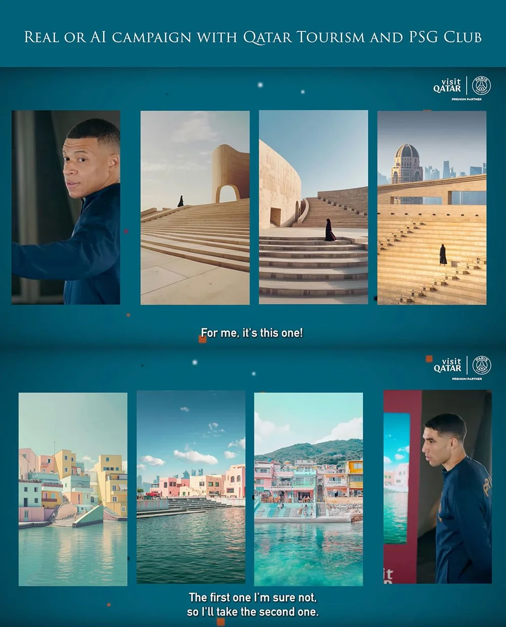 Collage of images promoting Qatar Tourism and PSG, featuring landscapes, architecture, and waterfront scenes by ahmad alnaji