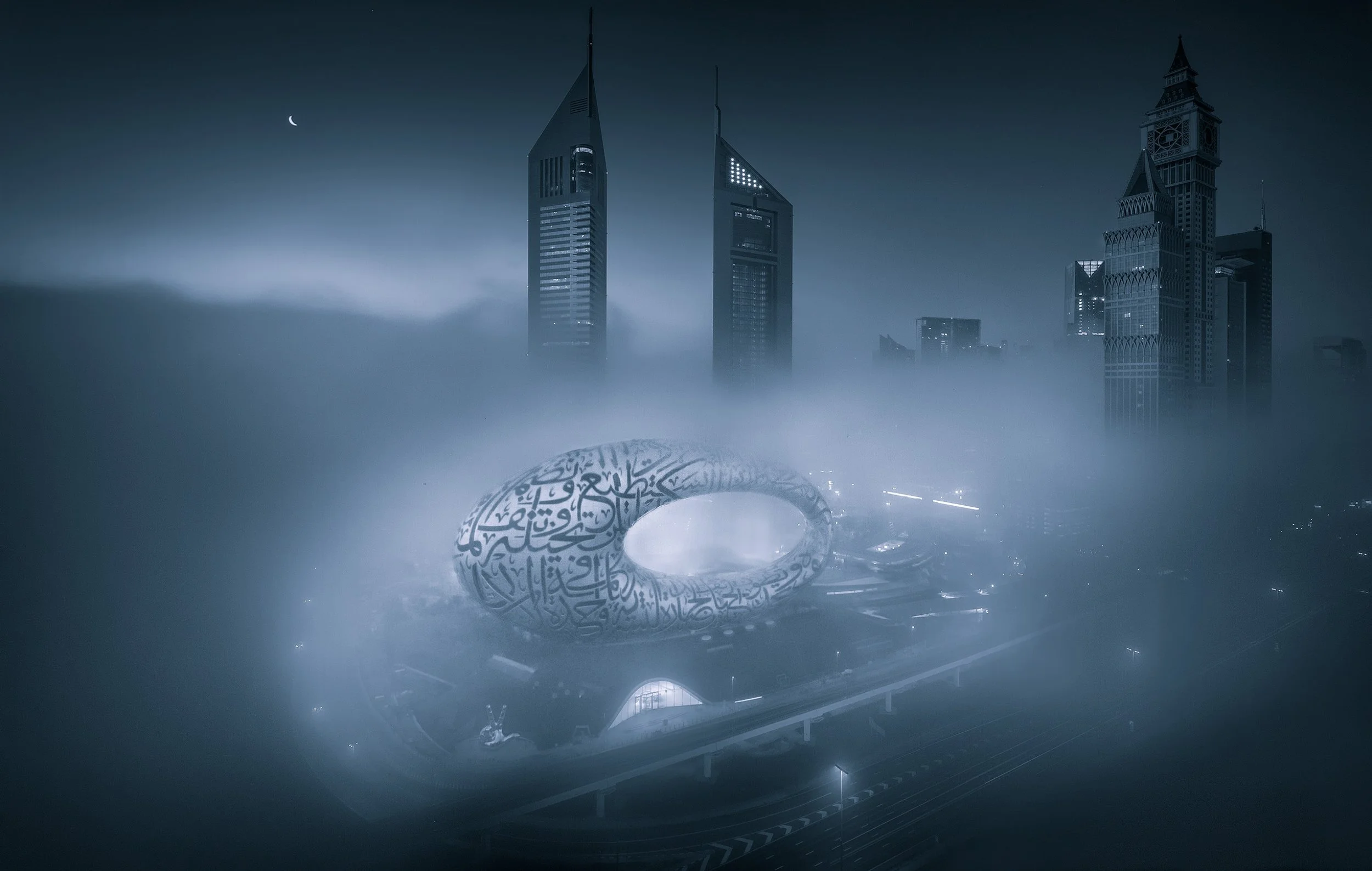 Museum of the Future in dusk fog with Dubai skyscrapers in monochromatic artistic look — fine art architectural photograph by Ahmad Alnaji, SARAB Art Production