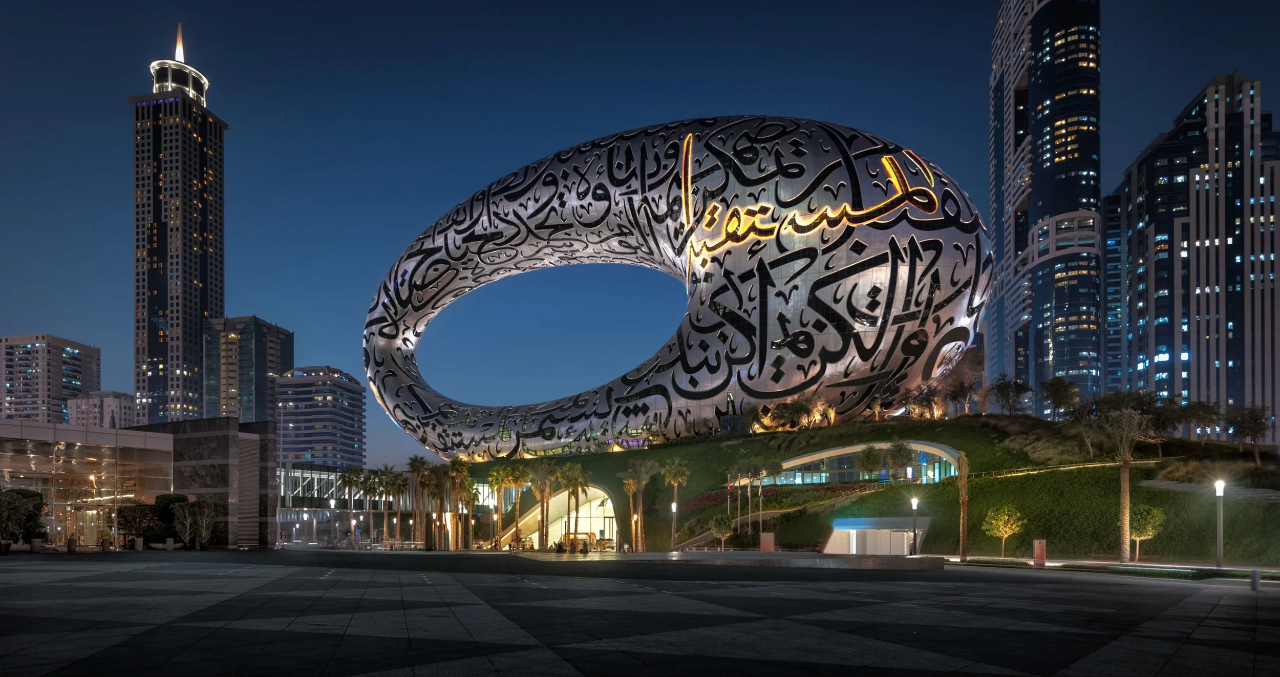 Museum of the Future Arabic calligraphy facade, by Killa Design, Dubai, and future word illuminated — fine art architectural photograph by Ahmad Alnaji, SARAB Art Production