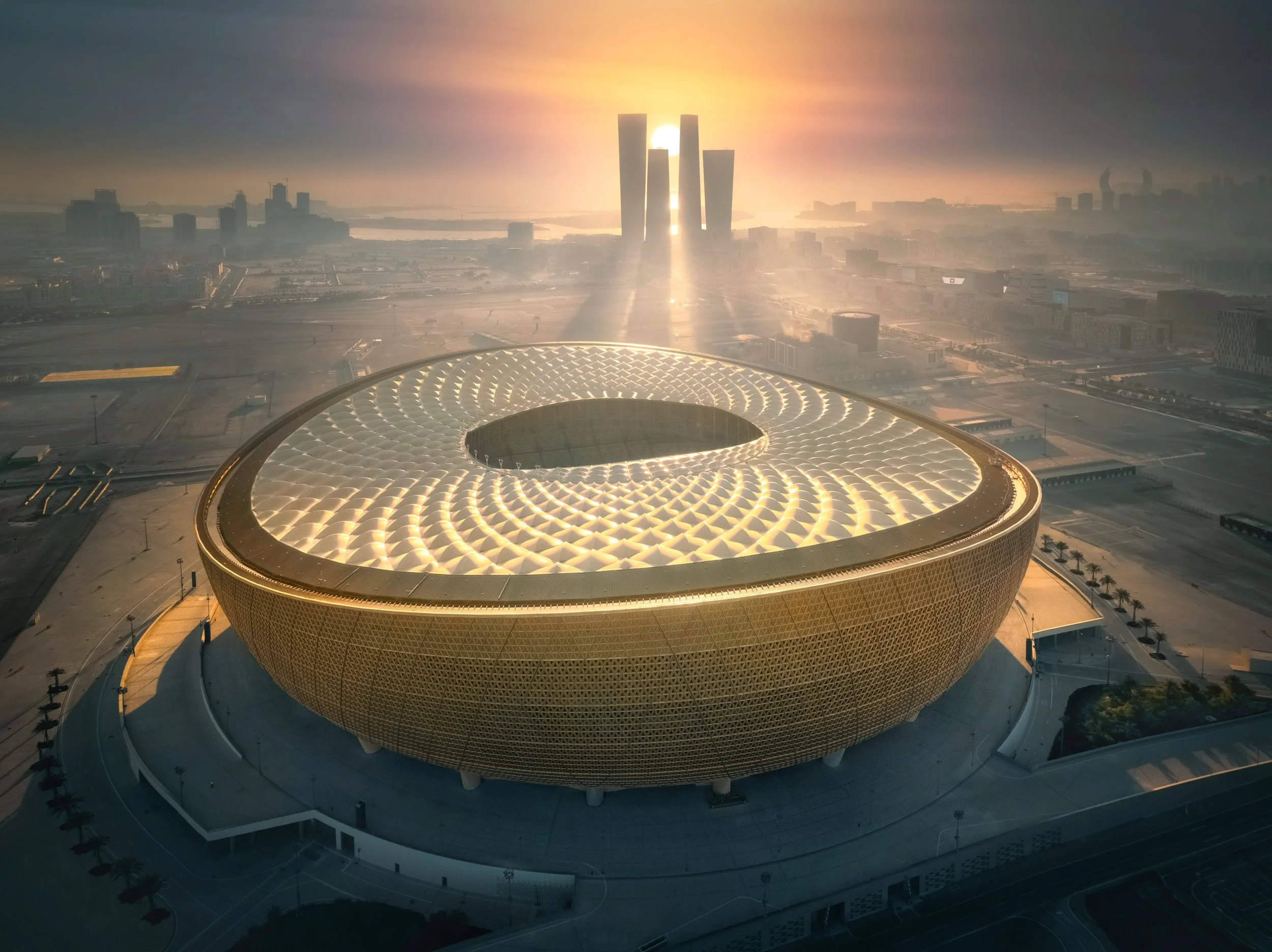 Lusail Stadium and Lusail Towers designed by Foster + Partners, Qatar — fine art architectural photograph for Qatar Tourism by Ahmad Alnaji, SARAB Art Production