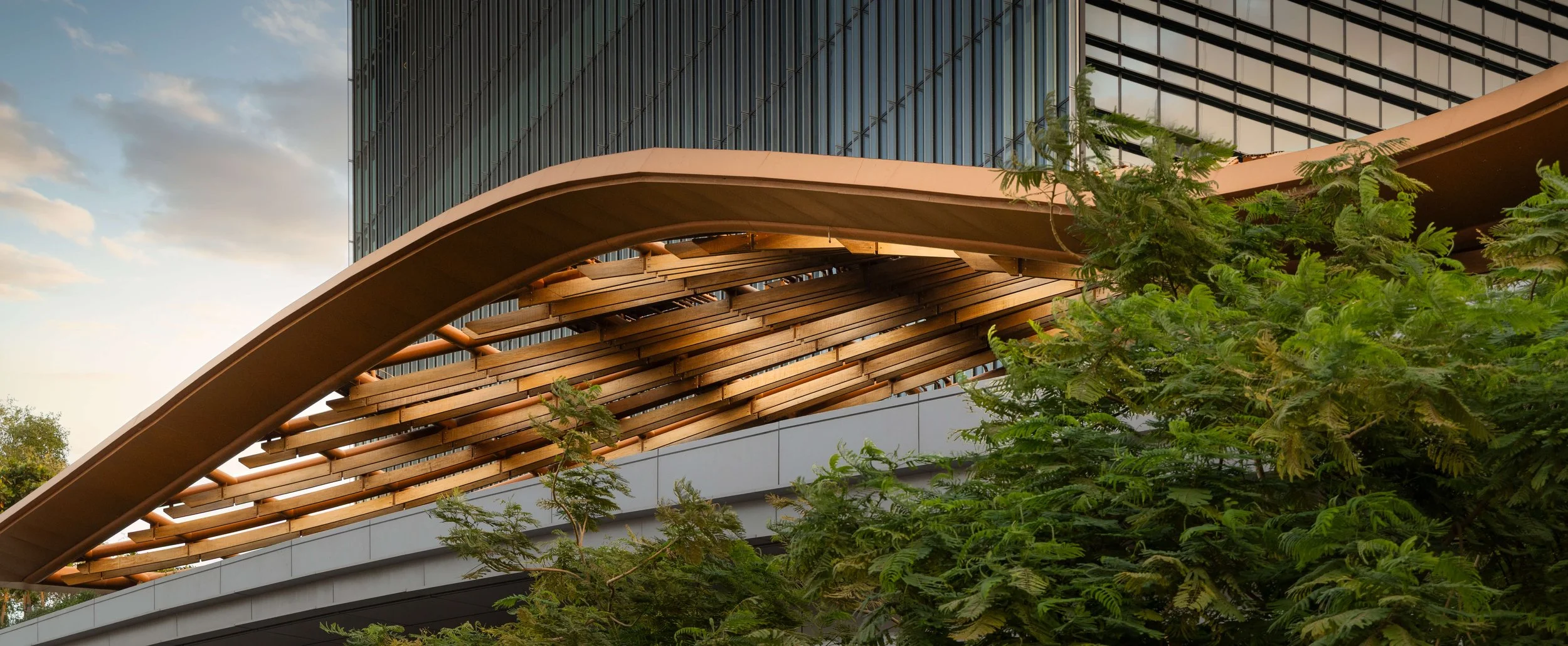 A close-up photograph of One Za'abeel's unique arrival area, designed by Nikken Sekkei — Photo by fine art Hospitality photographer Ahmad Alnaji, SARAB