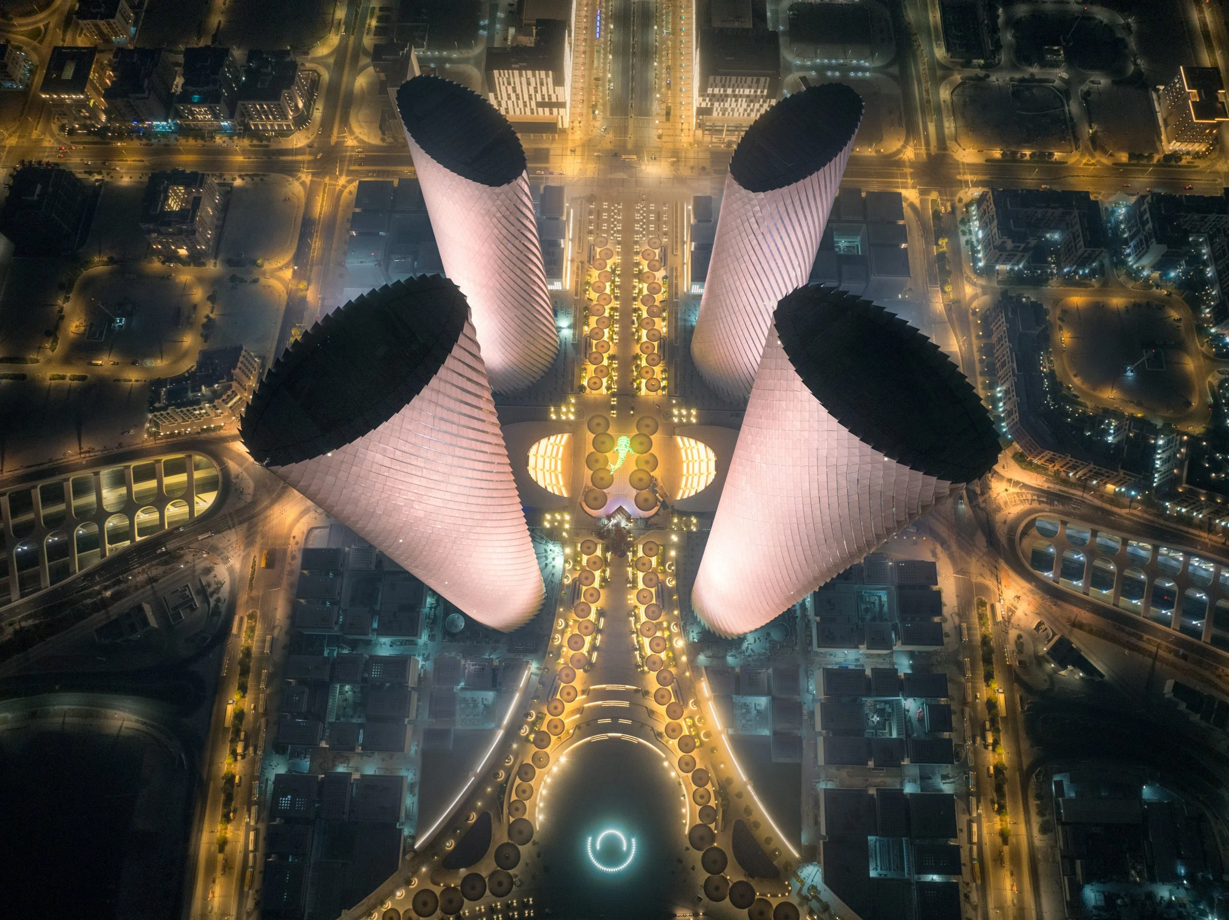 Aerial fine art photograph of Lusail Towers at night, Lusail City Qatar, commissioned by Qatar Tourism — photography by Ahmad Alnaji, SARAB Art Production Dubai