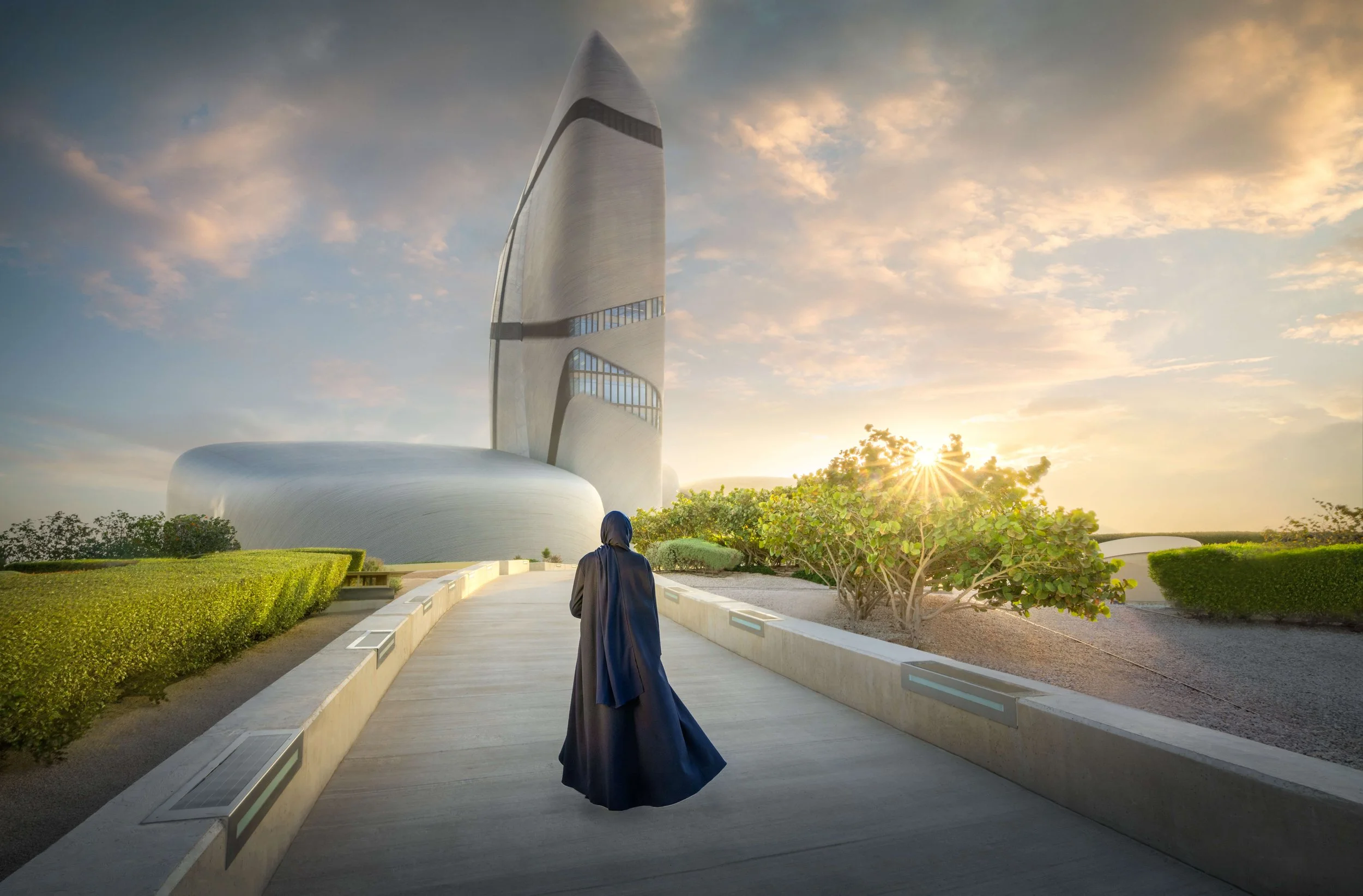 King Abdulaziz Center for World Culture (Ithra) at sunrise with Saudi lady in abaya, Dhahran — fine art architectural photograph by Ahmad Alnaji, SARAB Art Production, for Saudi Aramco