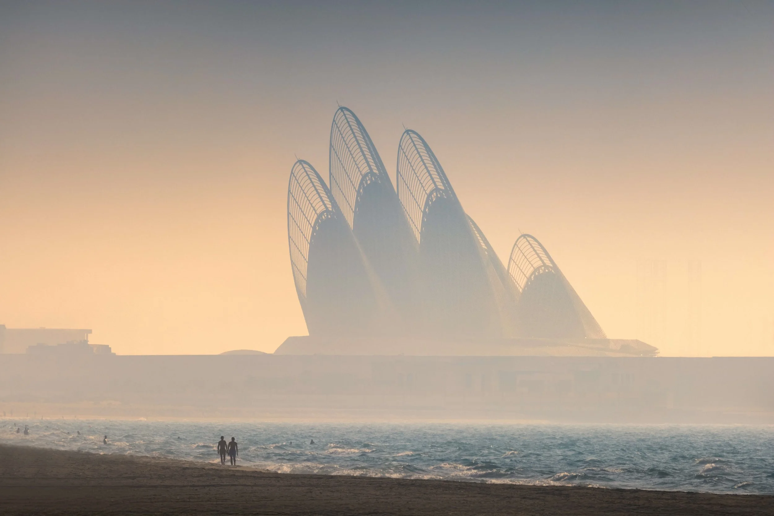 People walking on Saadiyat Island beach with Zayed National Museum by Foster + Partners in the background, Abu Dhabi — fine art architectural landscape photography by Ahmad Alnaji, SARAB