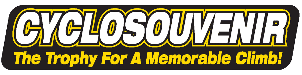 Logo van CycloSouvenir met de tekst 'The Trophy For A Memorable Climb!'