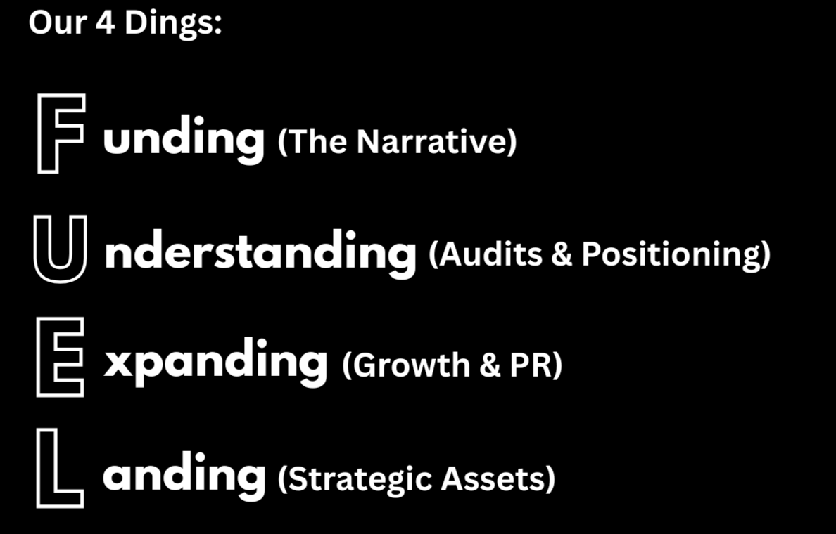 A black background with white text titled "Our 4 Dings" listing four words: Funding, Understanding, Expanding, and Landing, each with an acronym and description in parentheses.