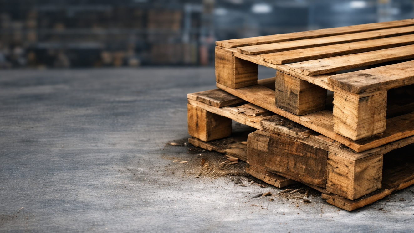 Damaged wooden pallets stacked inside a warehouse