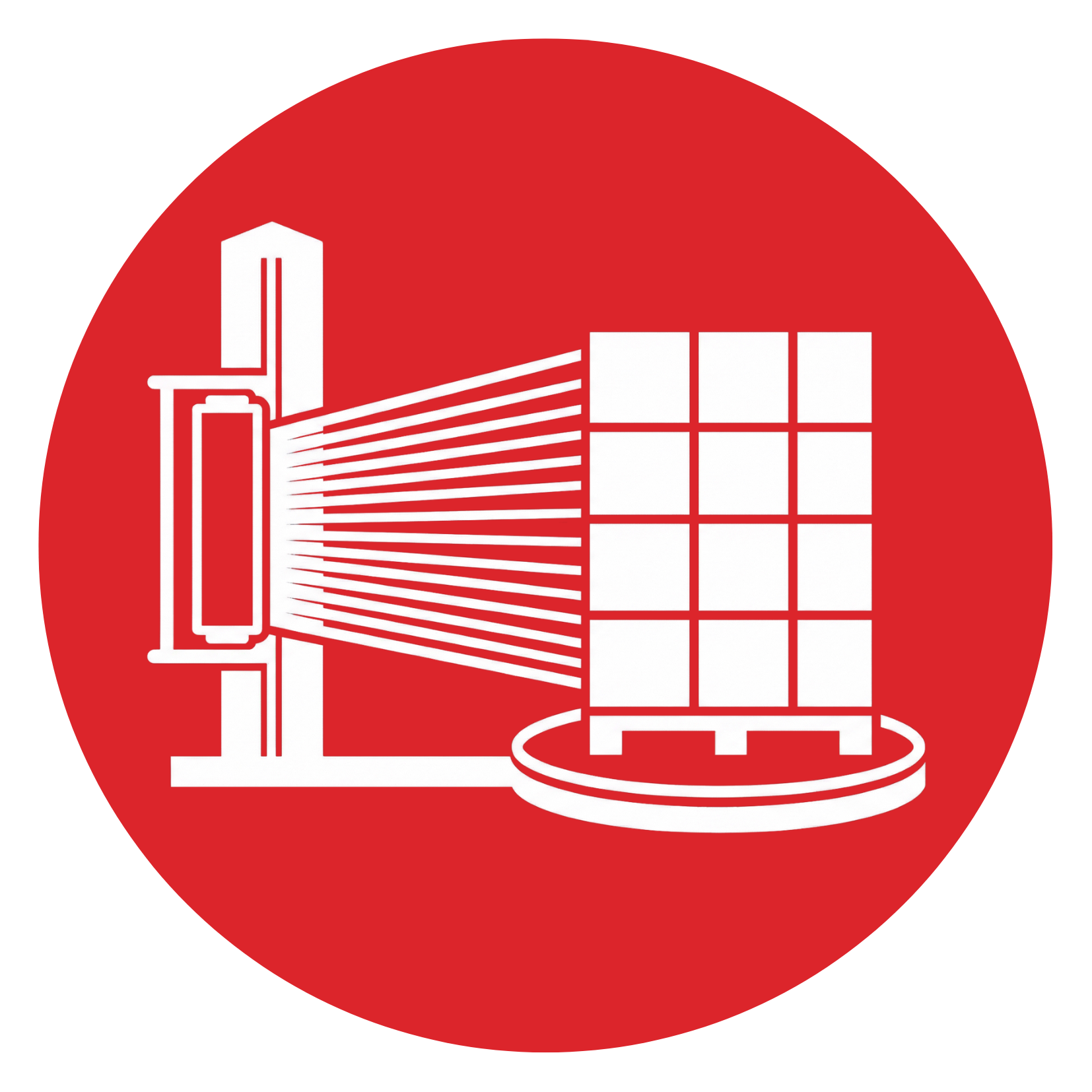Icon of a high-speed stretch wrapper applying shrink wrap to a pallet of stacked boxes.