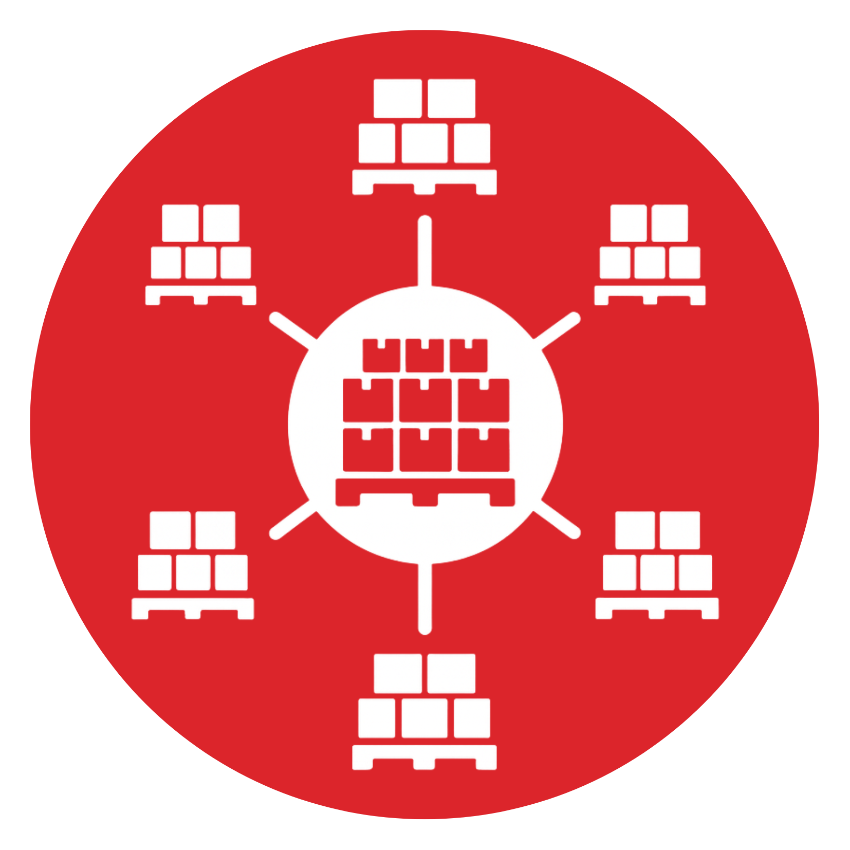 Icon of a central pallet surrounded by multiple pallet stacks representing high-volume manufacturing and distribution.
