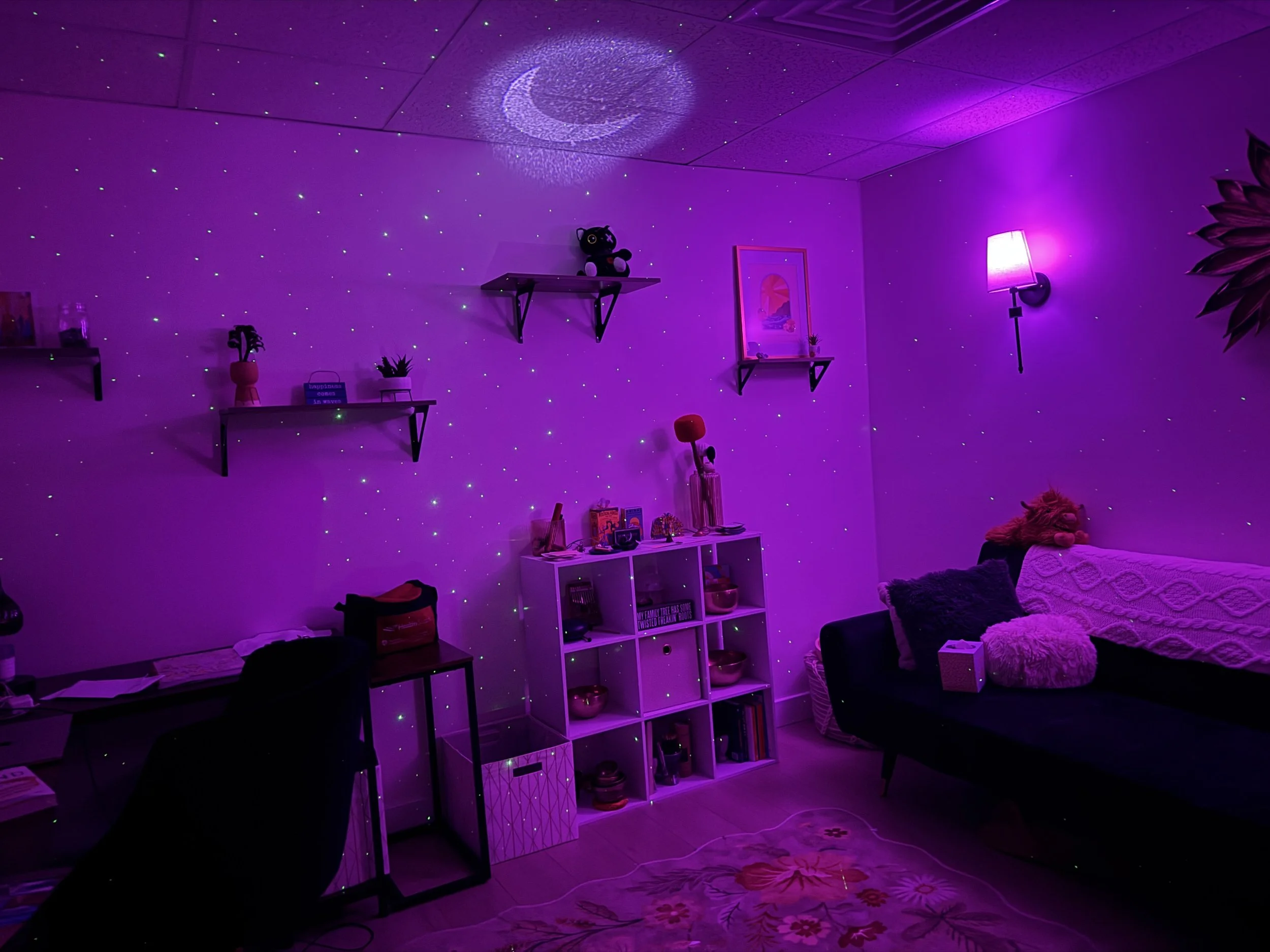 A room decorated with purple lighting and small star-like lights on the walls and ceiling, creating a starry night effect. The room contains shelves with various objects, a lamp on the wall, and plush toys on the furniture.