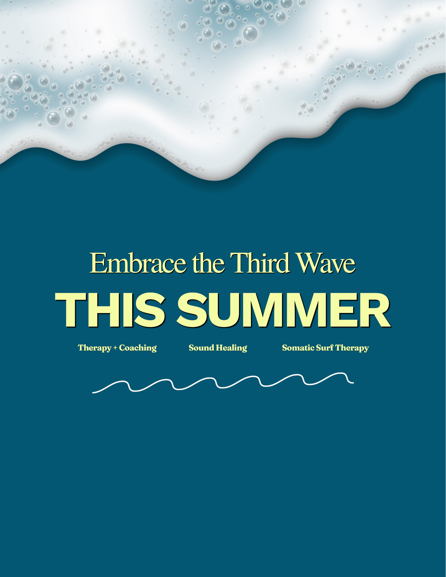 A book cover titled "Embrace the Third Wave" with subtitle phrases "Therapy + Coaching," "Sound Healing," and "Somatic Surf Therapy." The cover has a wave illustration at the bottom and a foam-like pattern at the top.